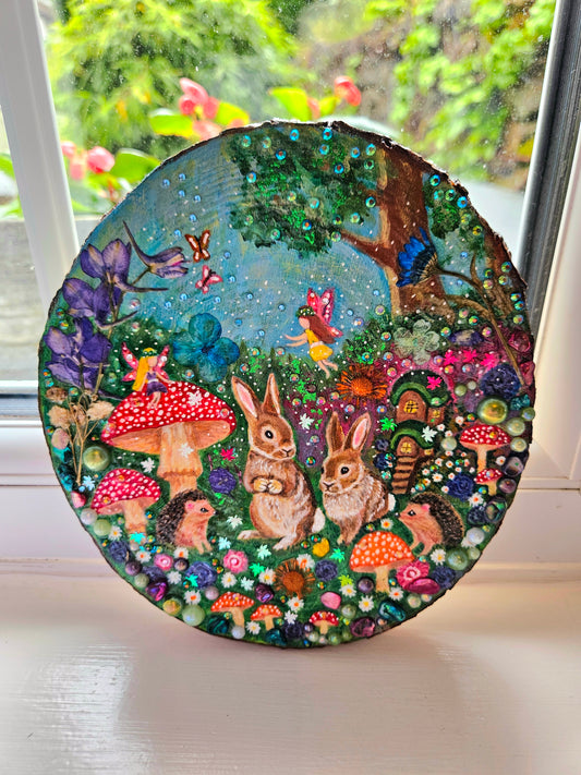 Large Hand-painted Wood Slice/whimsy wood plaque painting with rabbits, hedgehogs, fairies, mushrooms & flowers/Whimsical Home Decor/Gift for animal lover/art  Birthday gift for partner, nursery, child's room, mum, sister or daughter