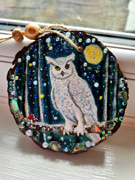 This handpainted snowy owl sitting under the moon and night sky/whimsical home decor creation/wood slice painting for animal/nature lover/unique new home gift