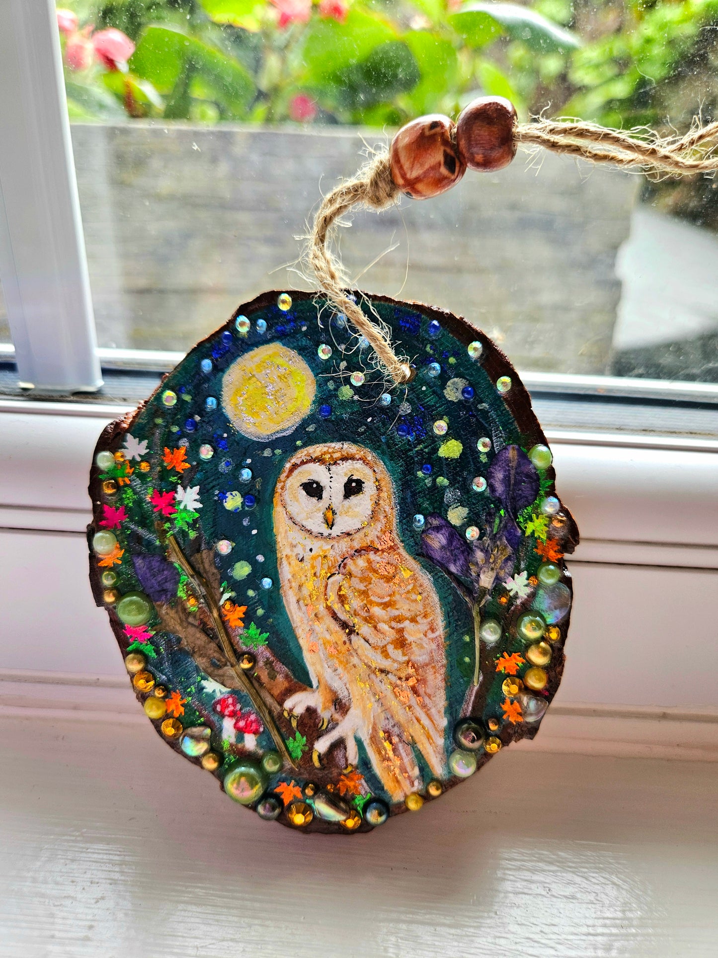 This handpainted barn-owl   sitting under the moon and night sky/Whimsical home decor creation/Wood slice painting for animal/nature lover/Unique new home gift