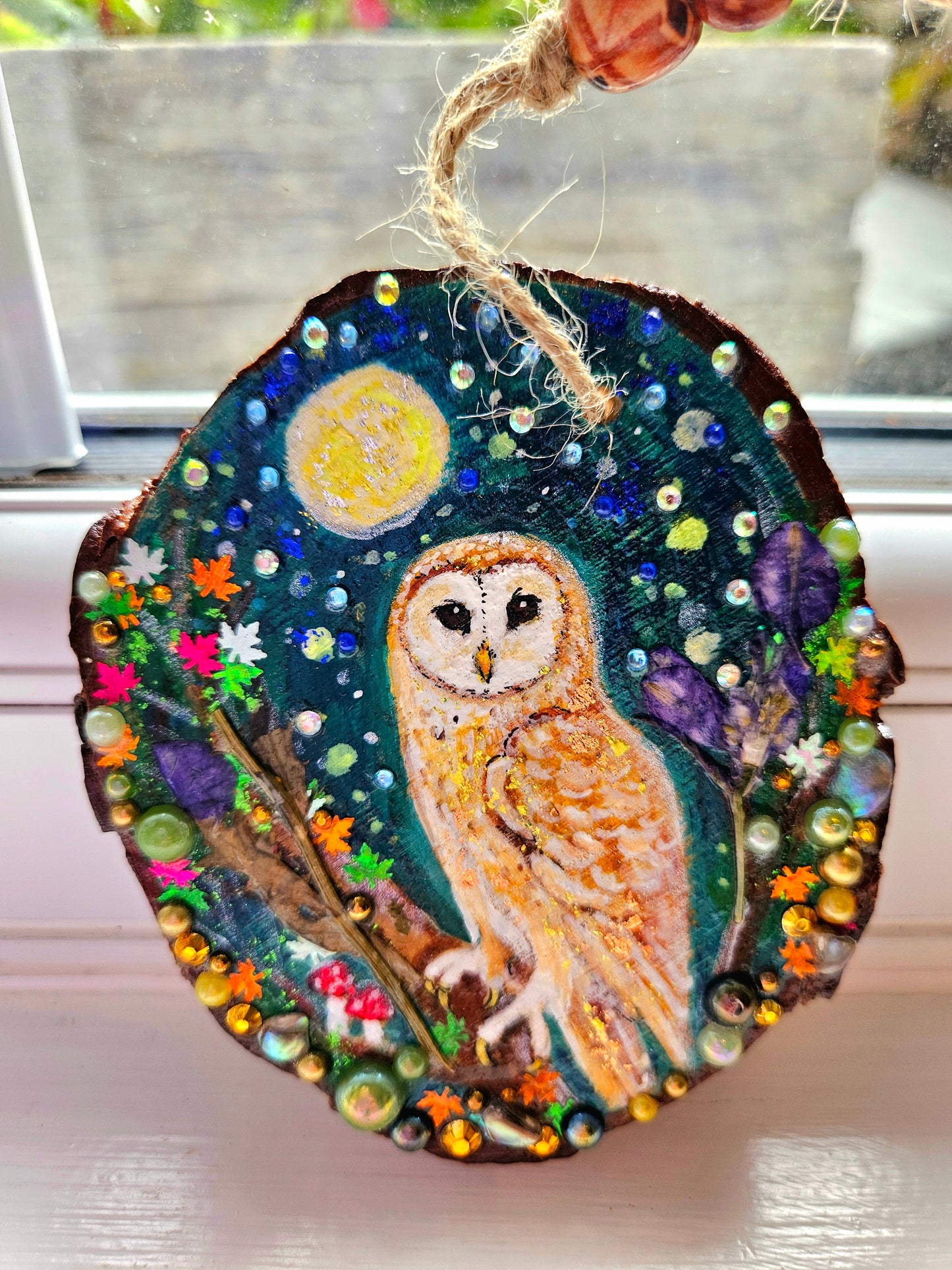 This handpainted barn-owl   sitting under the moon and night sky/Whimsical home decor creation/Wood slice painting for animal/nature lover/Unique new home gift