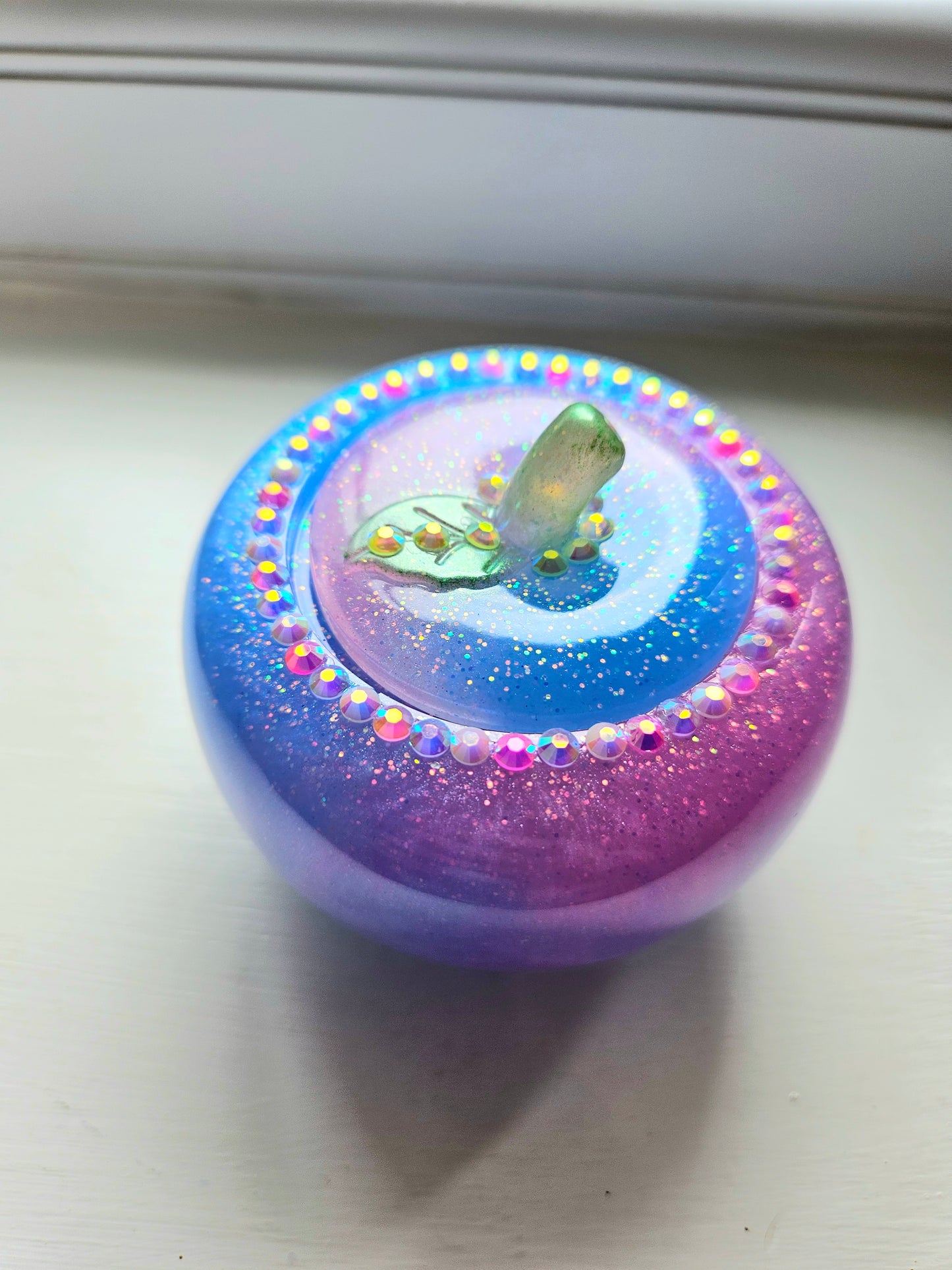 Sparkly Pink/Blue Apple Trinket pot/Rhinestone jewellery dish or keepsake storage holder/handcrafted resin home decor/functional artpiece/Cute Birthday gift