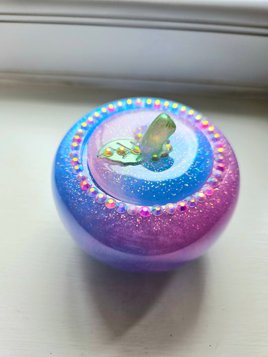 Sparkly Pink/Blue Apple Trinket pot/Rhinestone jewellery dish or keepsake storage holder/handcrafted resin home decor/functional artpiece/Cute Birthday gift