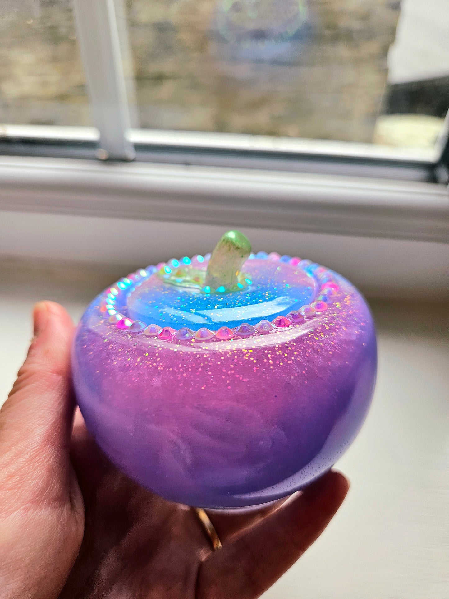 Sparkly Pink/Blue Apple Trinket pot/Rhinestone jewellery dish or keepsake storage holder/handcrafted resin home decor/functional artpiece/Cute Birthday gift
