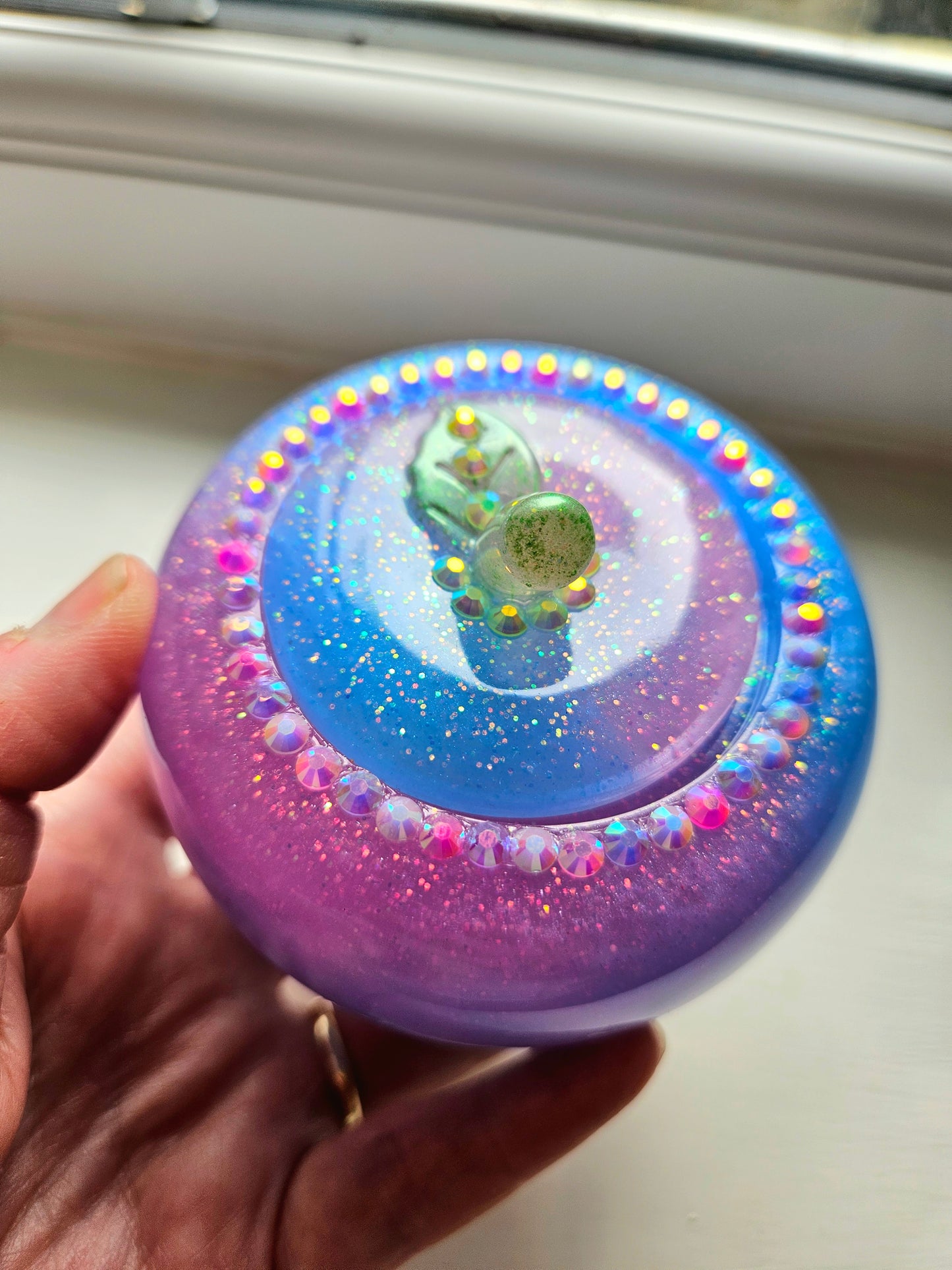 Sparkly Pink/Blue Apple Trinket pot/Rhinestone jewellery dish or keepsake storage holder/handcrafted resin home decor/functional artpiece/Cute Birthday gift