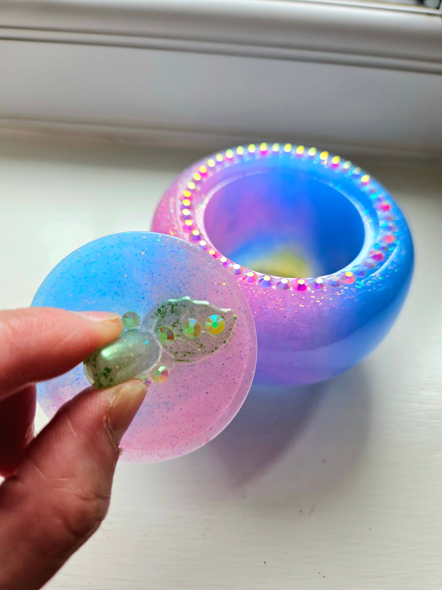 Sparkly Pink/Blue Apple Trinket pot/Rhinestone jewellery dish or keepsake storage holder/handcrafted resin home decor/functional artpiece/Cute Birthday gift