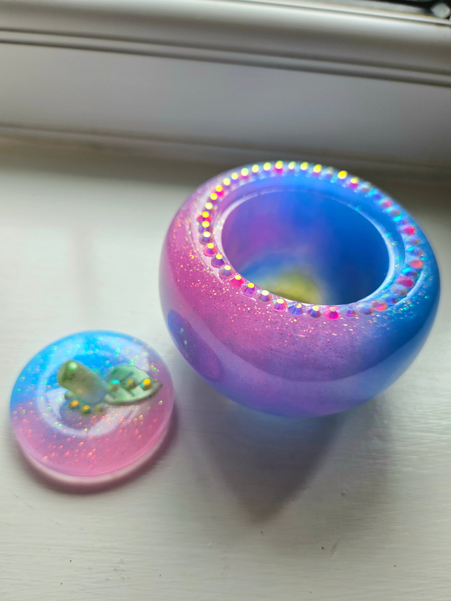 Sparkly Pink/Blue Apple Trinket pot/Rhinestone jewellery dish or keepsake storage holder/handcrafted resin home decor/functional artpiece/Cute Birthday gift
