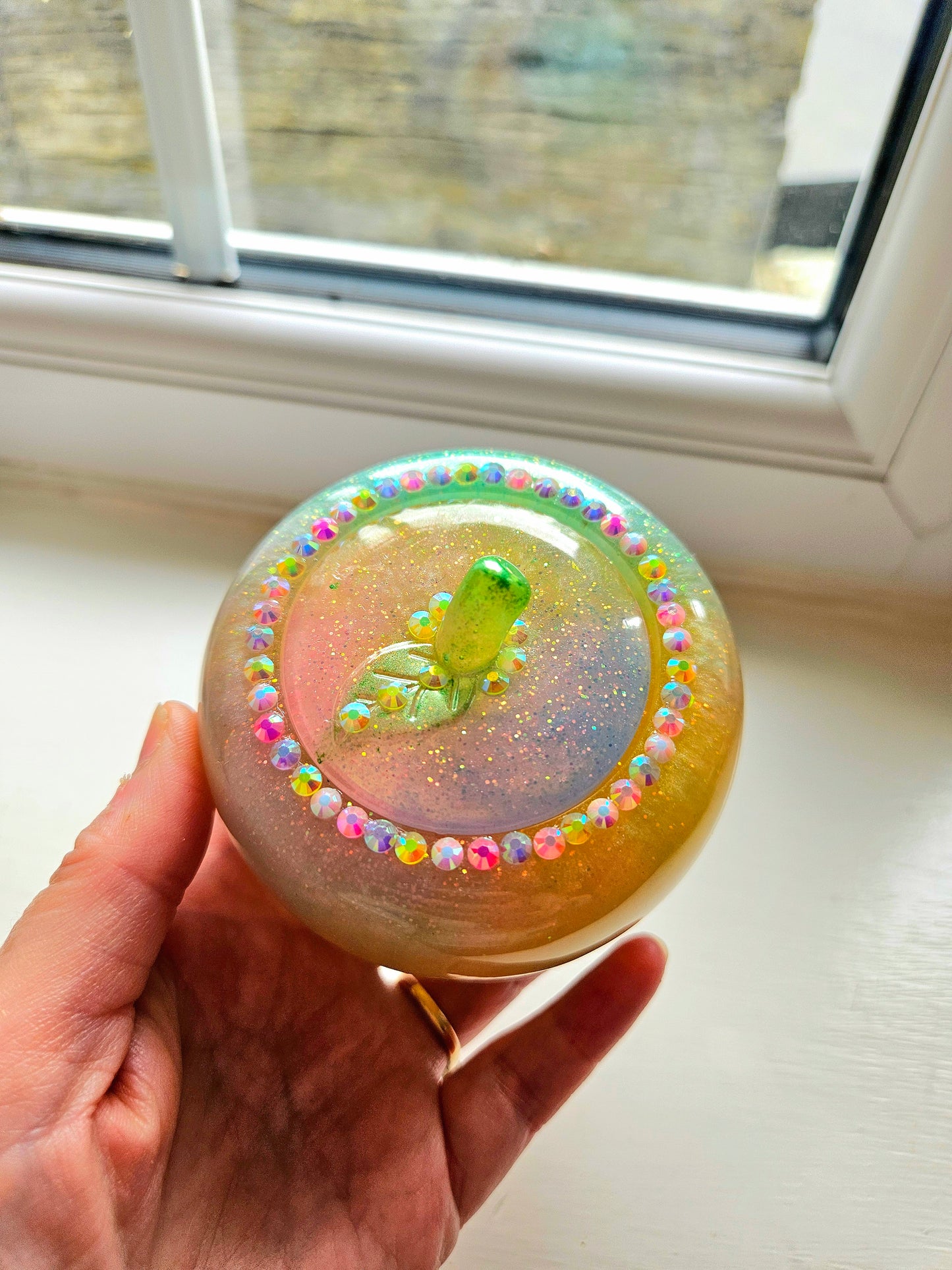 Sparkly Yellow/ Pink and Blue Apple Trinket pot/Rhinestone jewellery dish or keepsake storage holder/handcrafted resin home decor/functional artpiece/Cute Birthday gift