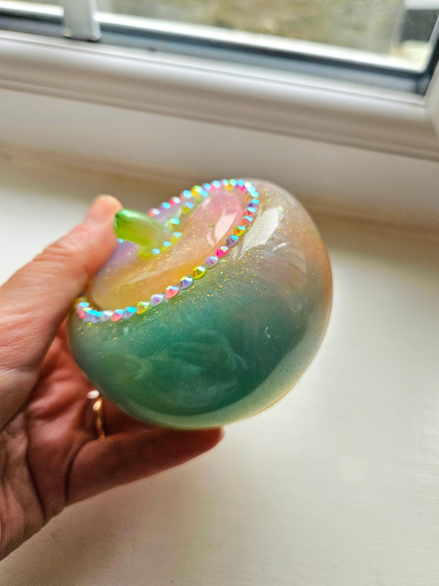 Sparkly Yellow/ Pink and Blue Apple Trinket pot/Rhinestone jewellery dish or keepsake storage holder/handcrafted resin home decor/functional artpiece/Cute Birthday gift
