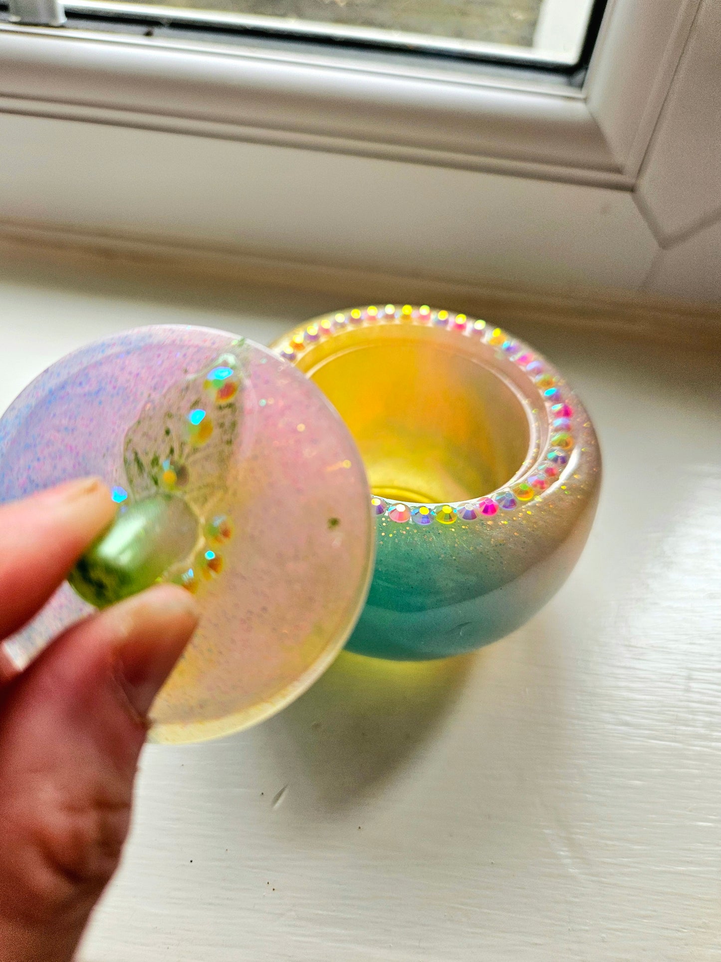 Sparkly Yellow/ Pink and Blue Apple Trinket pot/Rhinestone jewellery dish or keepsake storage holder/handcrafted resin home decor/functional artpiece/Cute Birthday gift