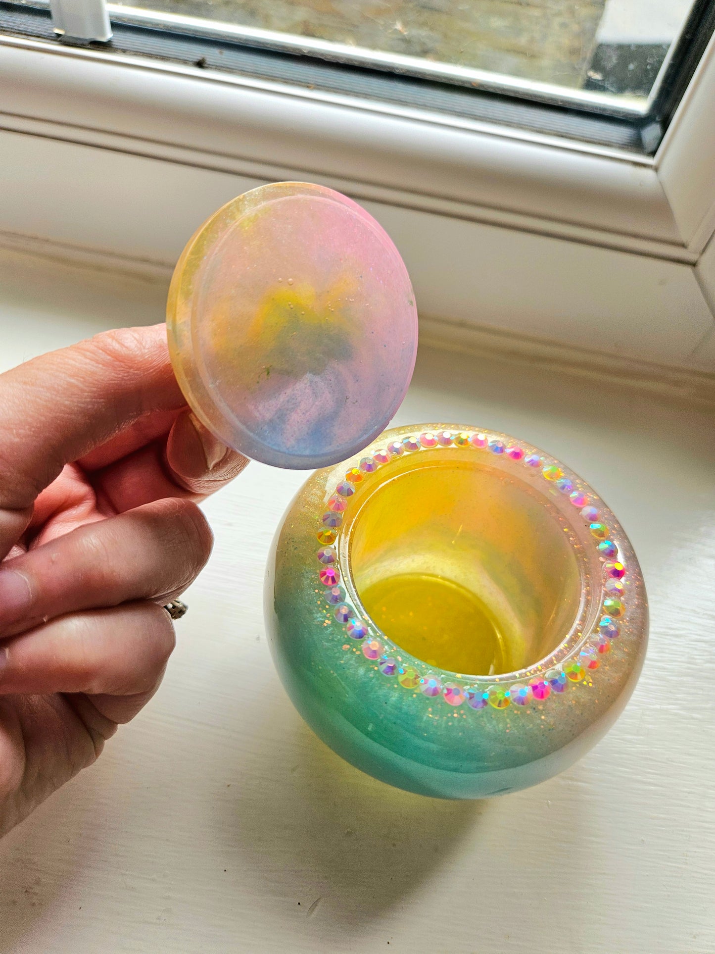 Sparkly Yellow/ Pink and Blue Apple Trinket pot/Rhinestone jewellery dish or keepsake storage holder/handcrafted resin home decor/functional artpiece/Cute Birthday gift