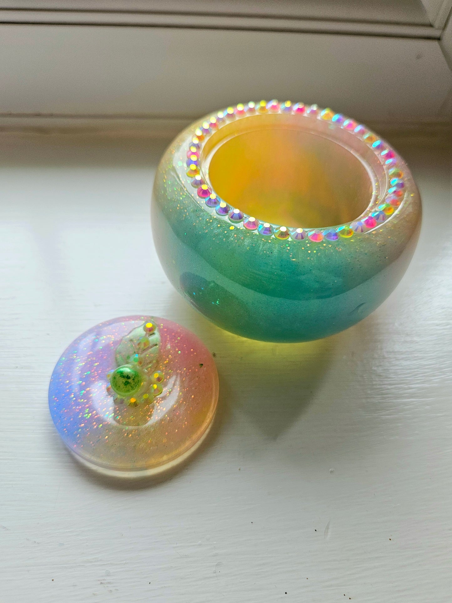 Sparkly Yellow/ Pink and Blue Apple Trinket pot/Rhinestone jewellery dish or keepsake storage holder/handcrafted resin home decor/functional artpiece/Cute Birthday gift