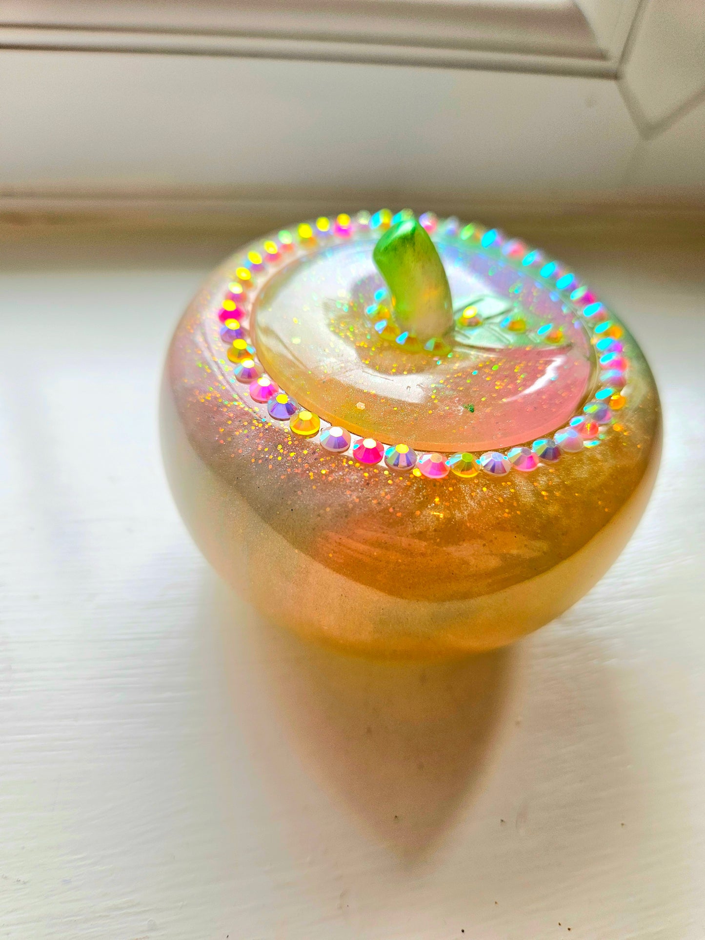 Sparkly Yellow/ Pink and Blue Apple Trinket pot/Rhinestone jewellery dish or keepsake storage holder/handcrafted resin home decor/functional artpiece/Cute Birthday gift