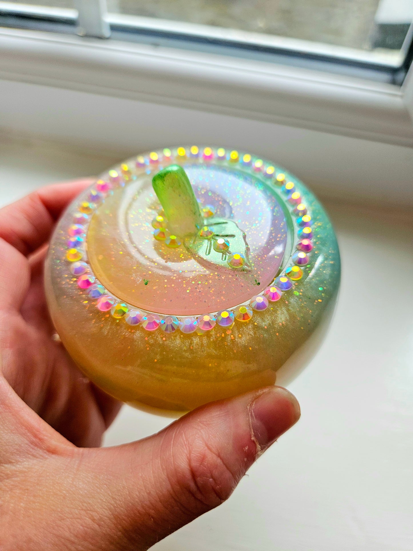 Sparkly Yellow/ Pink and Blue Apple Trinket pot/Rhinestone jewellery dish or keepsake storage holder/handcrafted resin home decor/functional artpiece/Cute Birthday gift