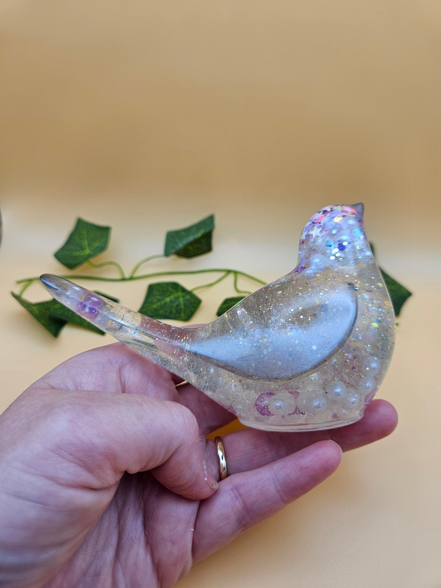 Little bird figurine with pearls/Whimsical home decor/ Charming tabletop bird ornament/ anniversary or birthday gift for wife, partner, sister, daughter,friend.