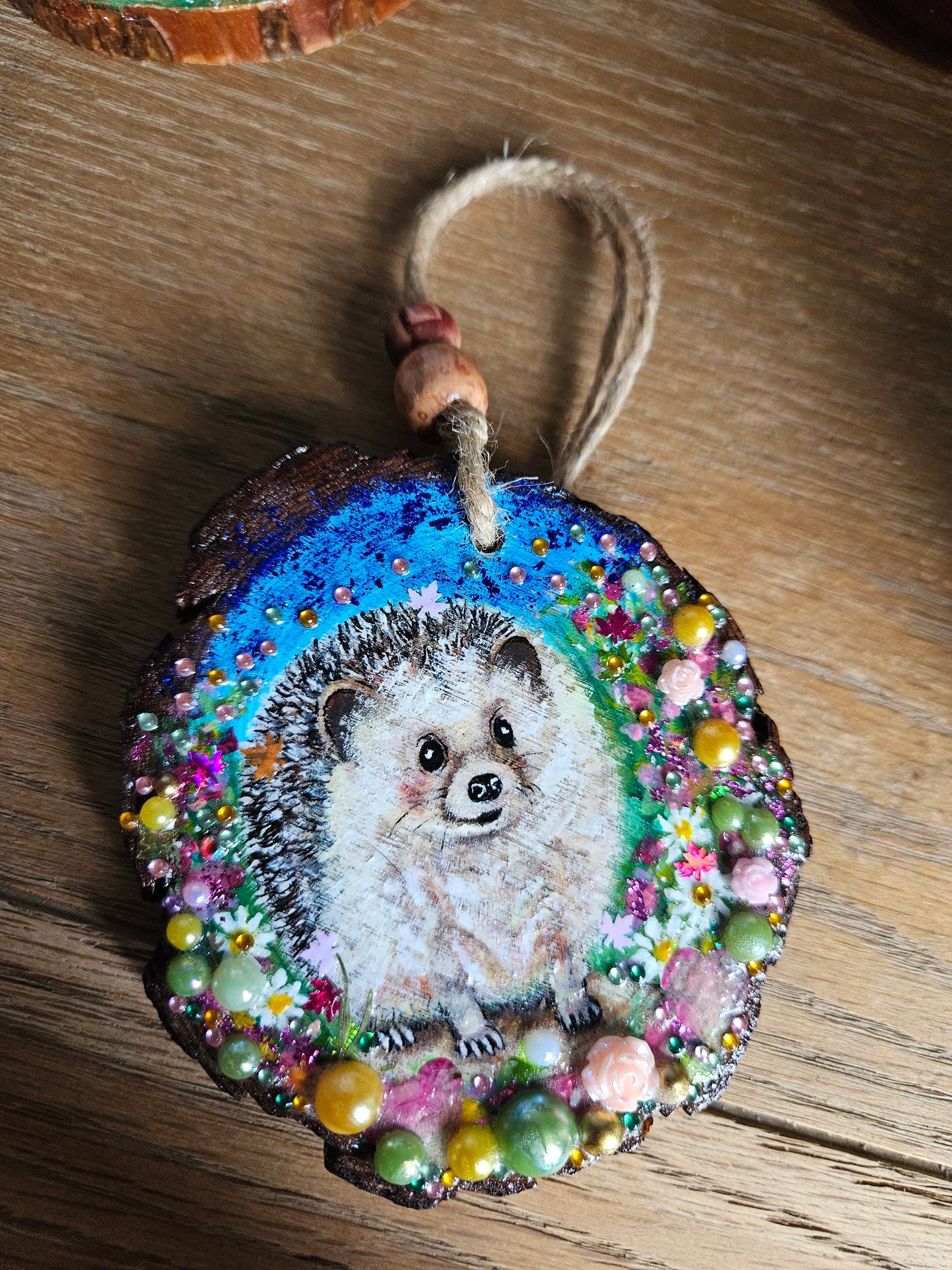 Hand painted cute hedgehog/whimsical handmade home decor/creations/wood slice painting for animal/nature lover