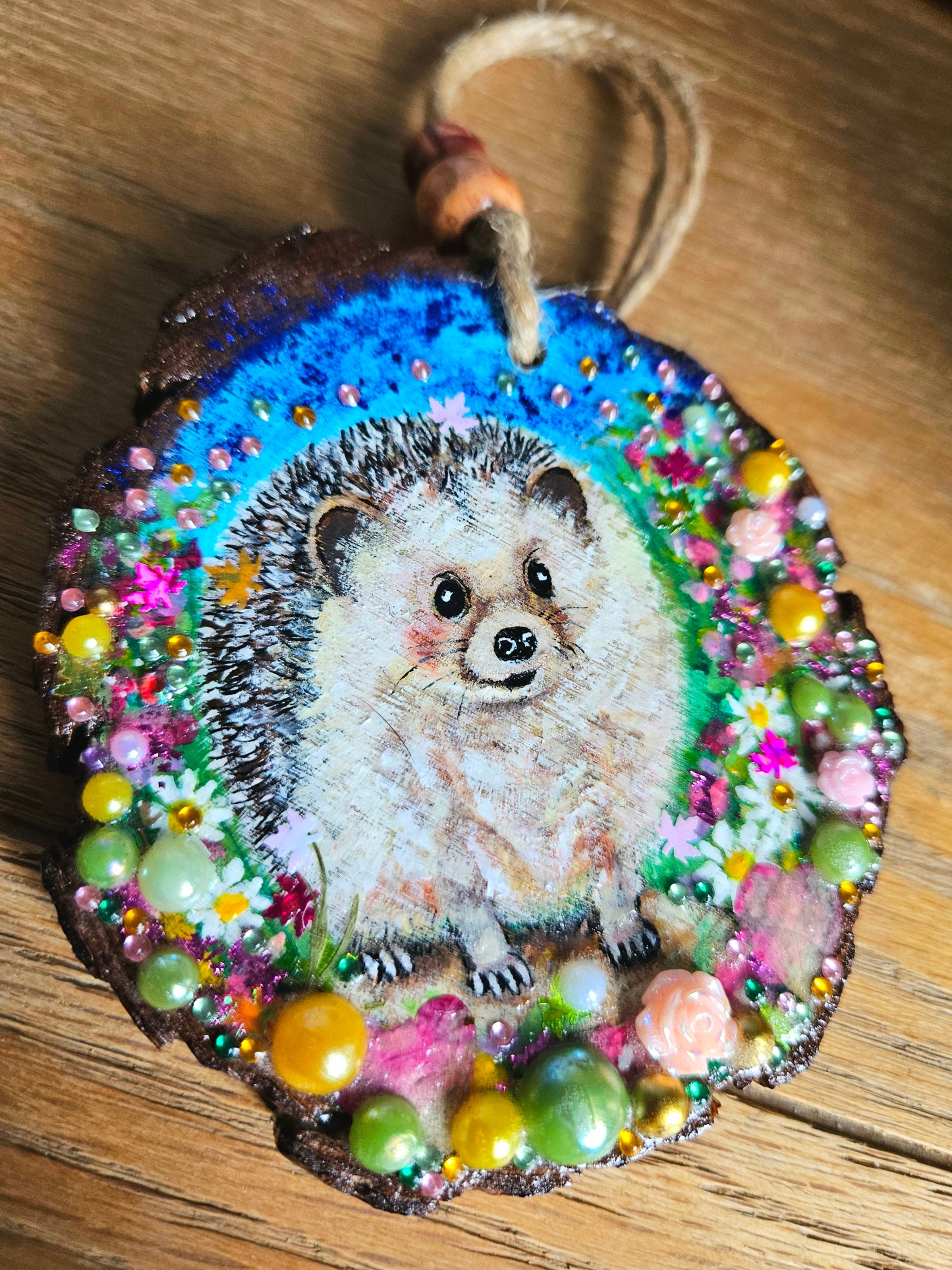 Hand painted cute hedgehog/whimsical handmade home decor/creations/wood slice painting for animal/nature lover