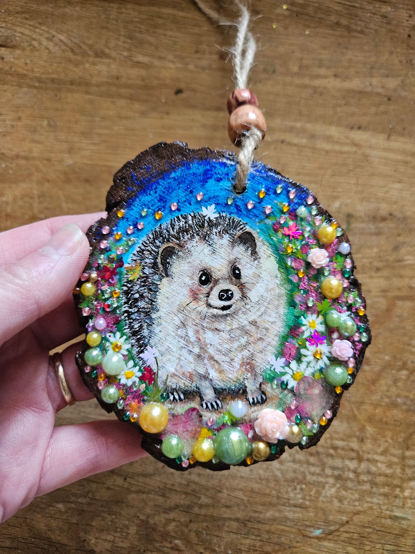 Hand painted cute hedgehog/whimsical handmade home decor/creations/wood slice painting for animal/nature lover