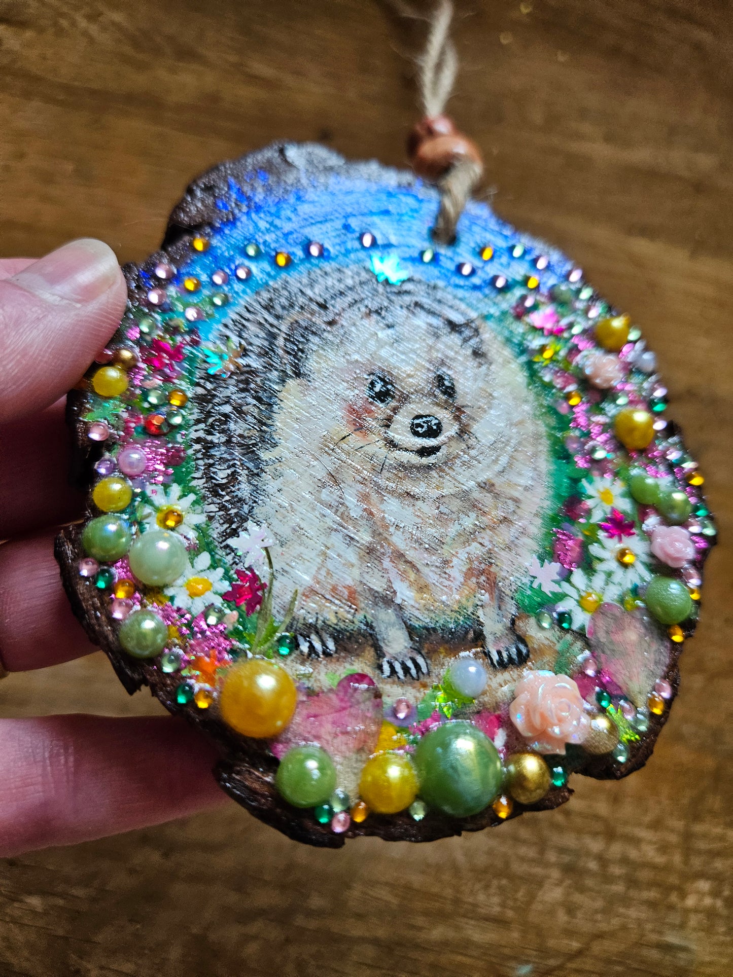 Hand painted cute hedgehog/whimsical handmade home decor/creations/wood slice painting for animal/nature lover