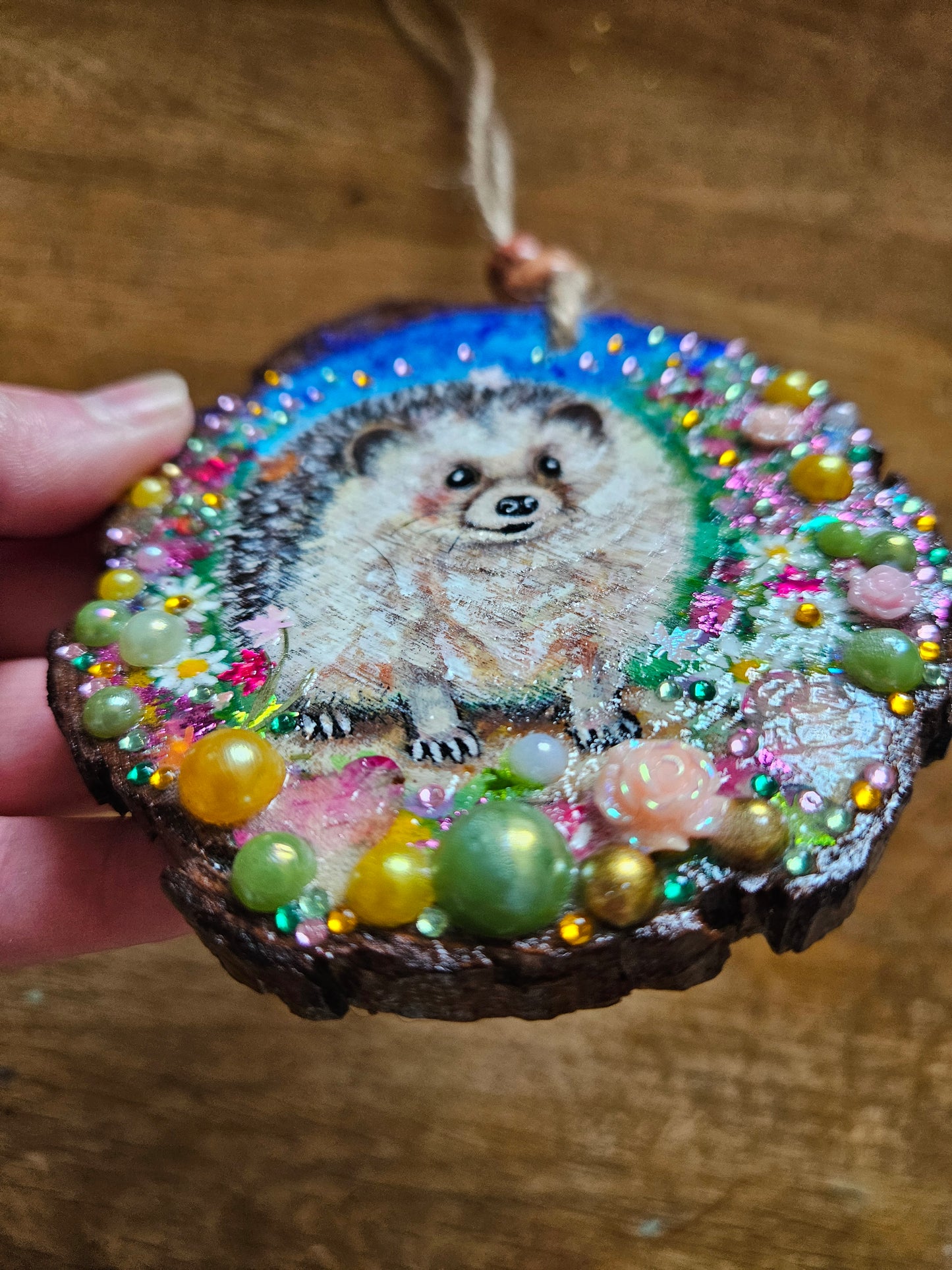 Hand painted cute hedgehog/whimsical handmade home decor/creations/wood slice painting for animal/nature lover