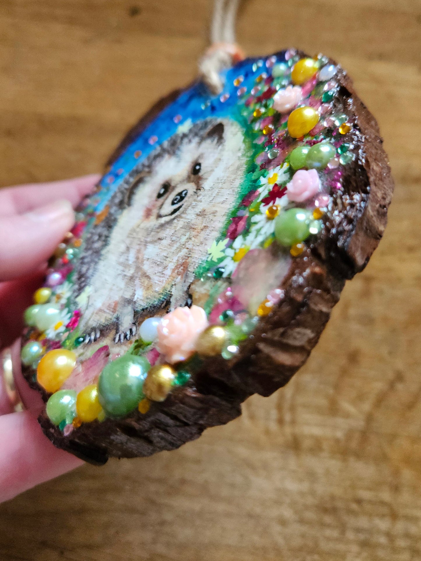 Hand painted cute hedgehog/whimsical handmade home decor/creations/wood slice painting for animal/nature lover