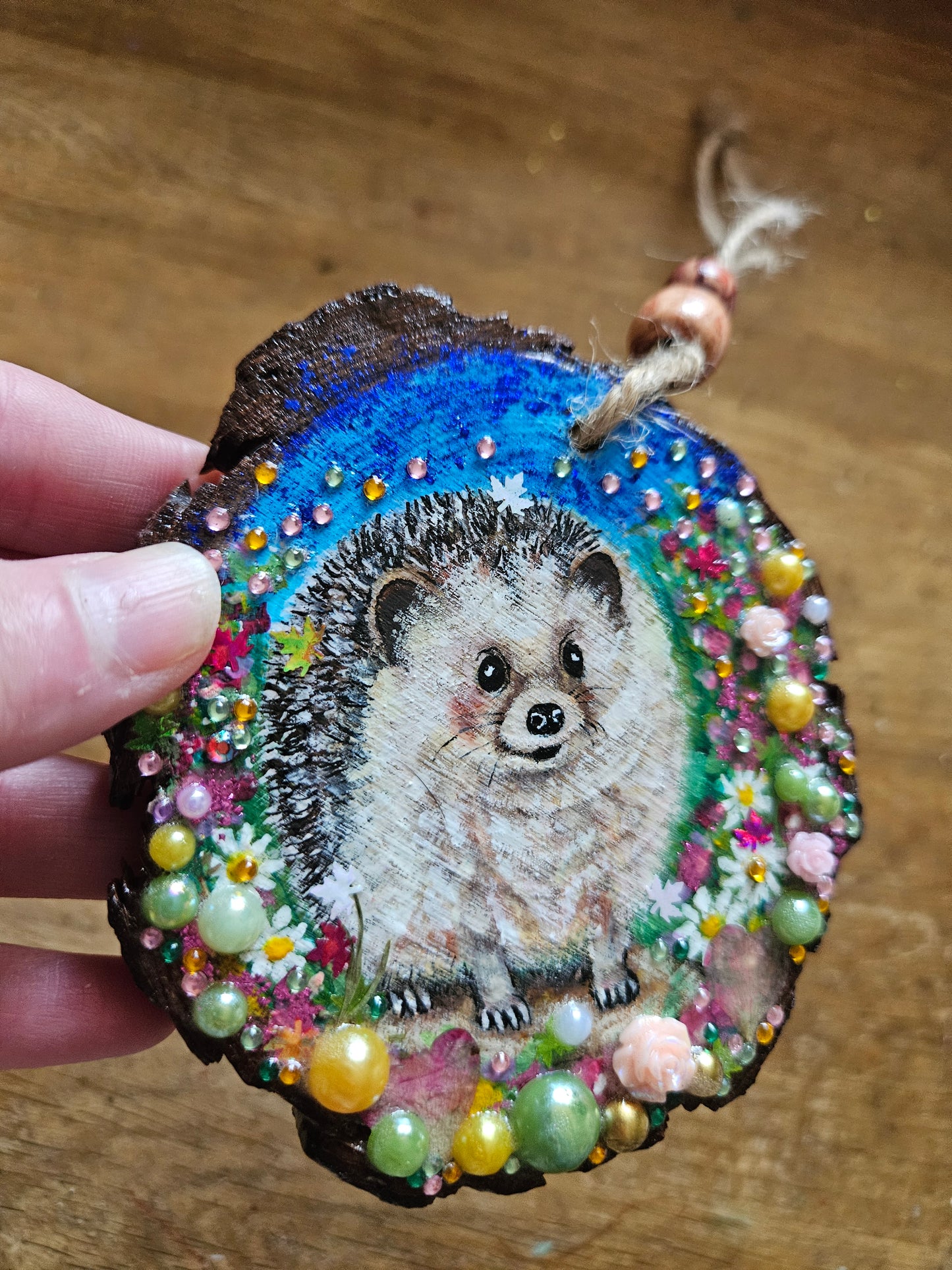 Hand painted cute hedgehog/whimsical handmade home decor/creations/wood slice painting for animal/nature lover