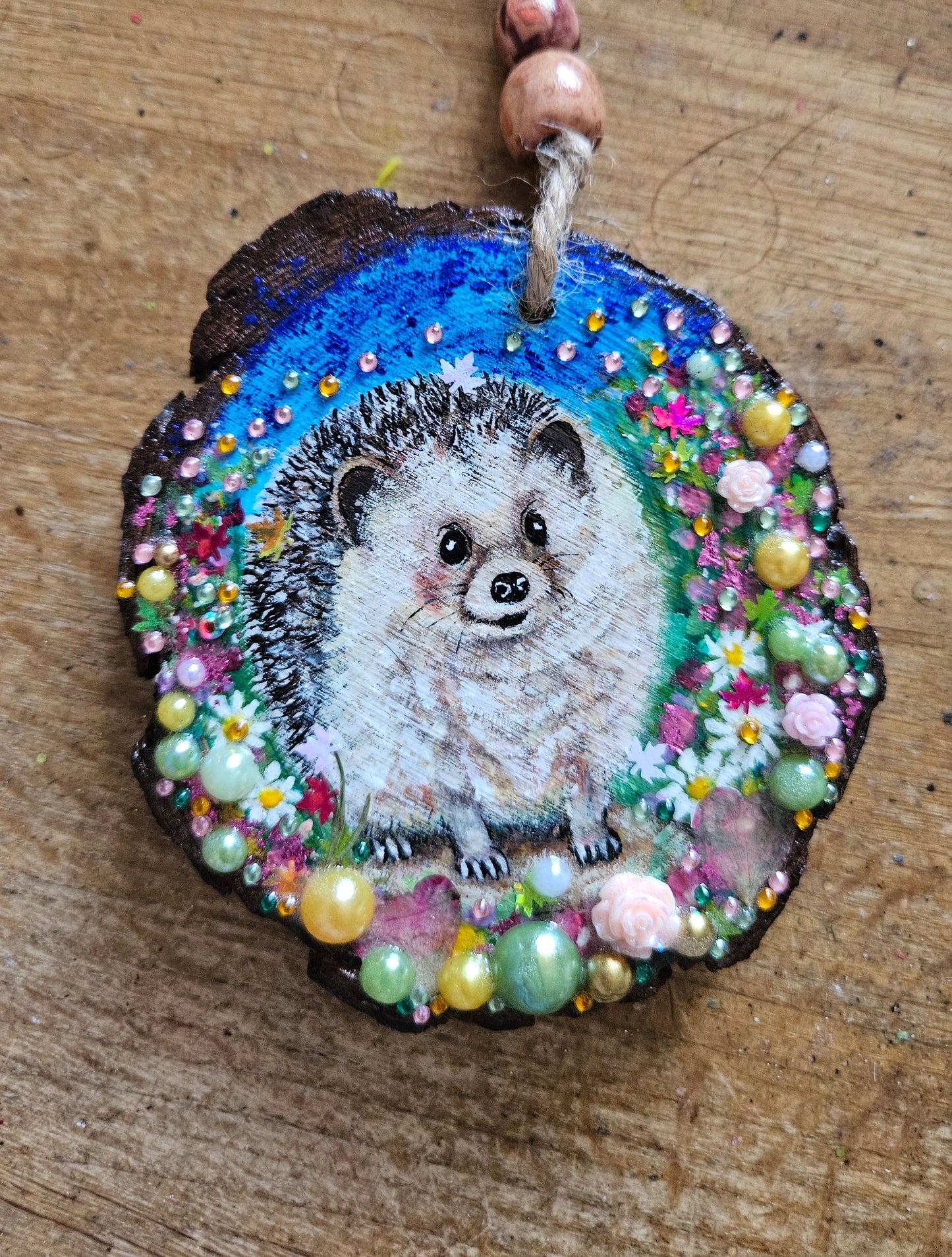 Hand painted cute hedgehog/whimsical handmade home decor/creations/wood slice painting for animal/nature lover