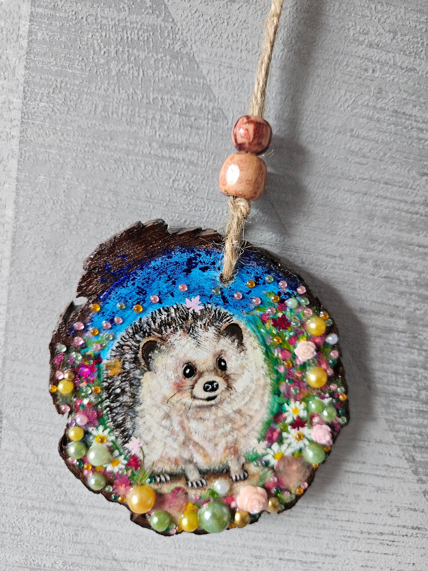 Hand painted cute hedgehog/whimsical handmade home decor/creations/wood slice painting for animal/nature lover