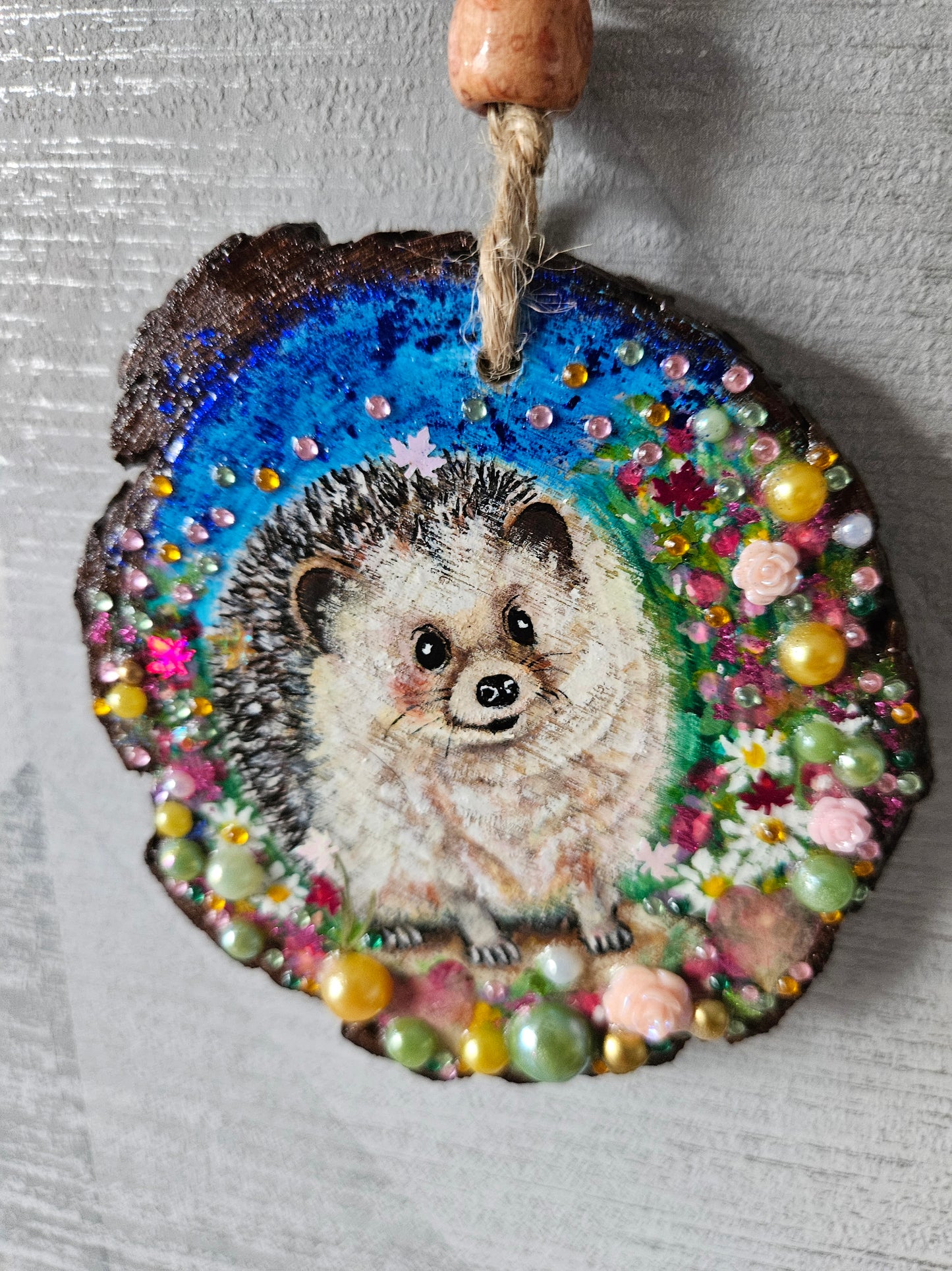 Hand painted cute hedgehog/whimsical handmade home decor/creations/wood slice painting for animal/nature lover