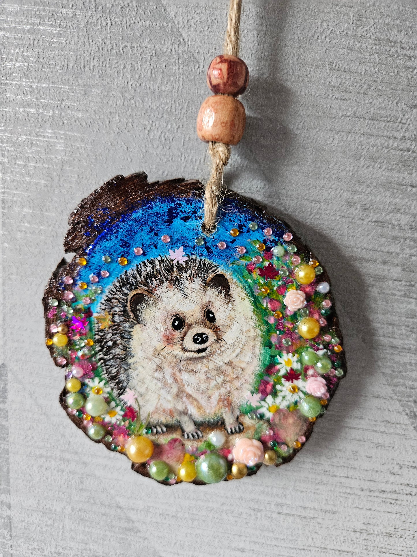 Hand painted cute hedgehog/whimsical handmade home decor/creations/wood slice painting for animal/nature lover