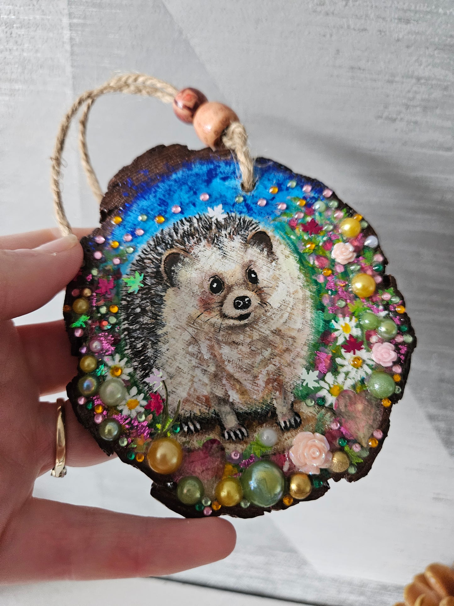 Hand painted cute hedgehog/whimsical handmade home decor/creations/wood slice painting for animal/nature lover