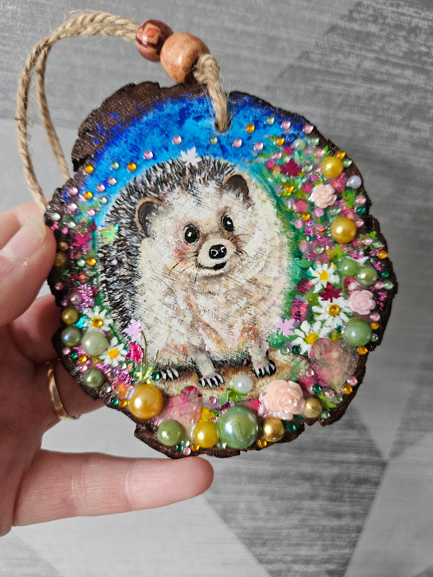Hand painted cute hedgehog/whimsical handmade home decor/creations/wood slice painting for animal/nature lover