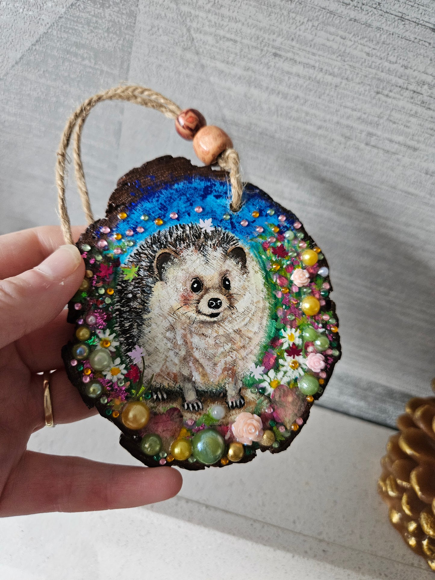 Hand painted cute hedgehog/whimsical handmade home decor/creations/wood slice painting for animal/nature lover