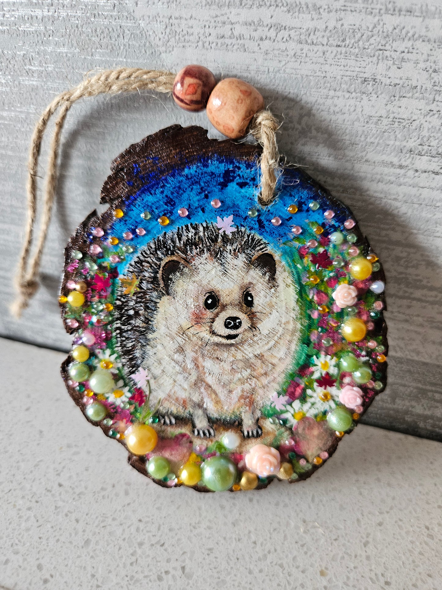 Hand painted cute hedgehog/whimsical handmade home decor/creations/wood slice painting for animal/nature lover