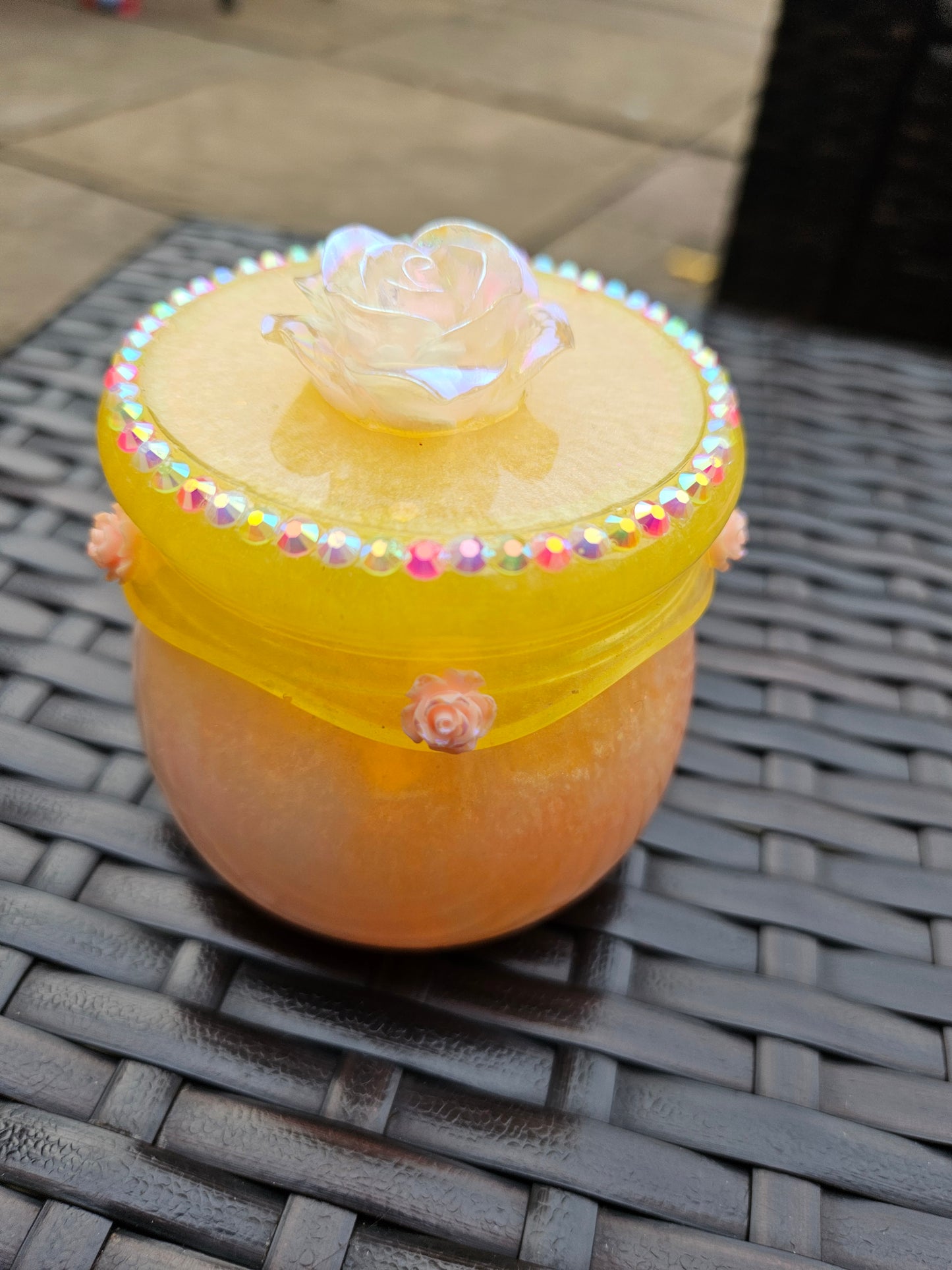 Pretty flower trinket pot/whimsical honey pot style jewellery holder/sparkly rhinestone storage dish/girl's bedroom home decor/ unique birthday gift daughter sister