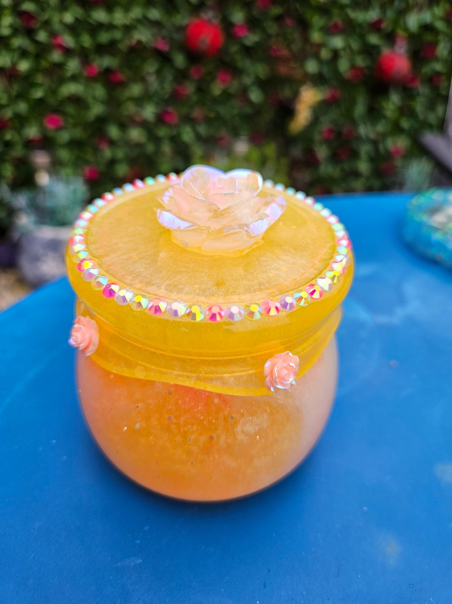 Pretty flower trinket pot/whimsical honey pot style jewellery holder/sparkly rhinestone storage dish/girl's bedroom home decor/ unique birthday gift daughter sister