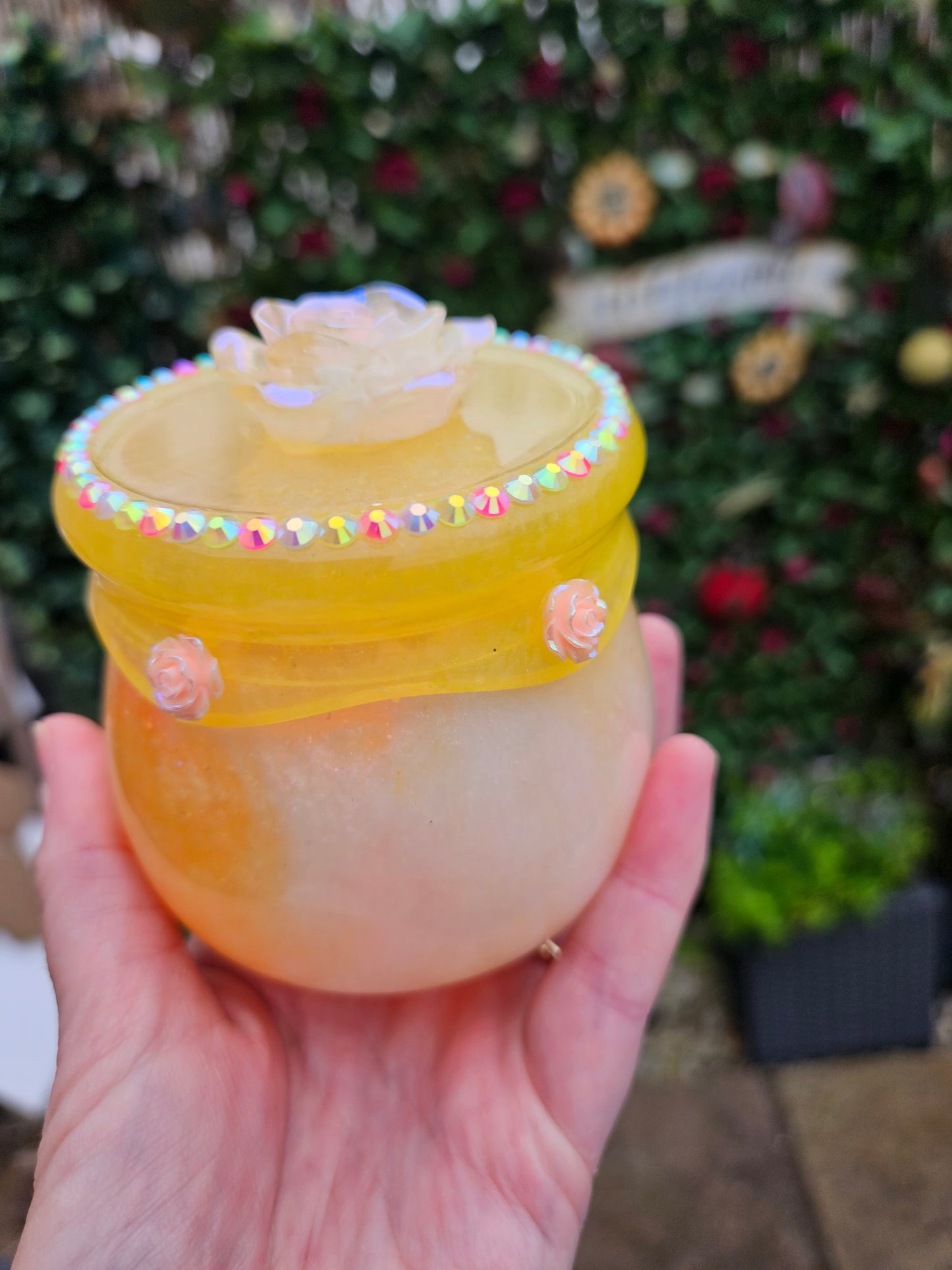 Pretty flower trinket pot/whimsical honey pot style jewellery holder/sparkly rhinestone storage dish/girl's bedroom home decor/ unique birthday gift daughter sister