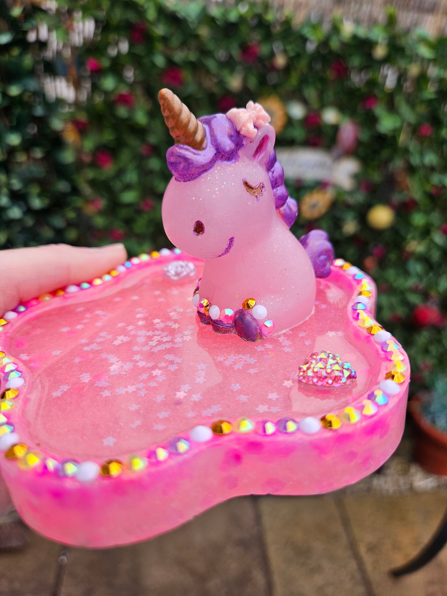 Pink rhinestone unicorn trinket dish/pretty resin jewellery holder/decorative and sparkly girls cute room decor