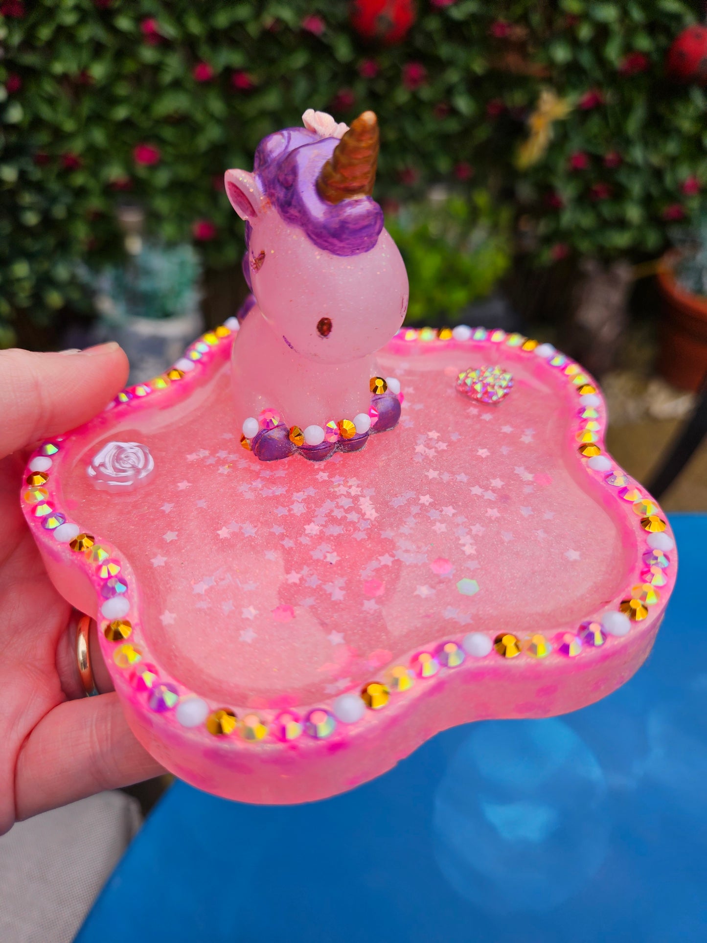 Pink rhinestone unicorn trinket dish/pretty resin jewellery holder/decorative and sparkly girls cute room decor