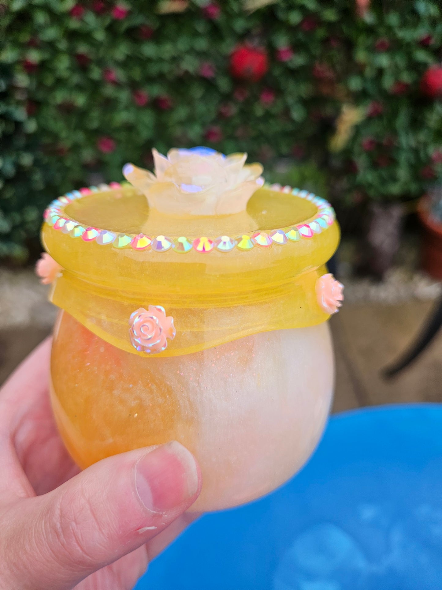 Pretty flower trinket pot/whimsical honey pot style jewellery holder/sparkly rhinestone storage dish/girl's bedroom home decor/ unique birthday gift daughter sister
