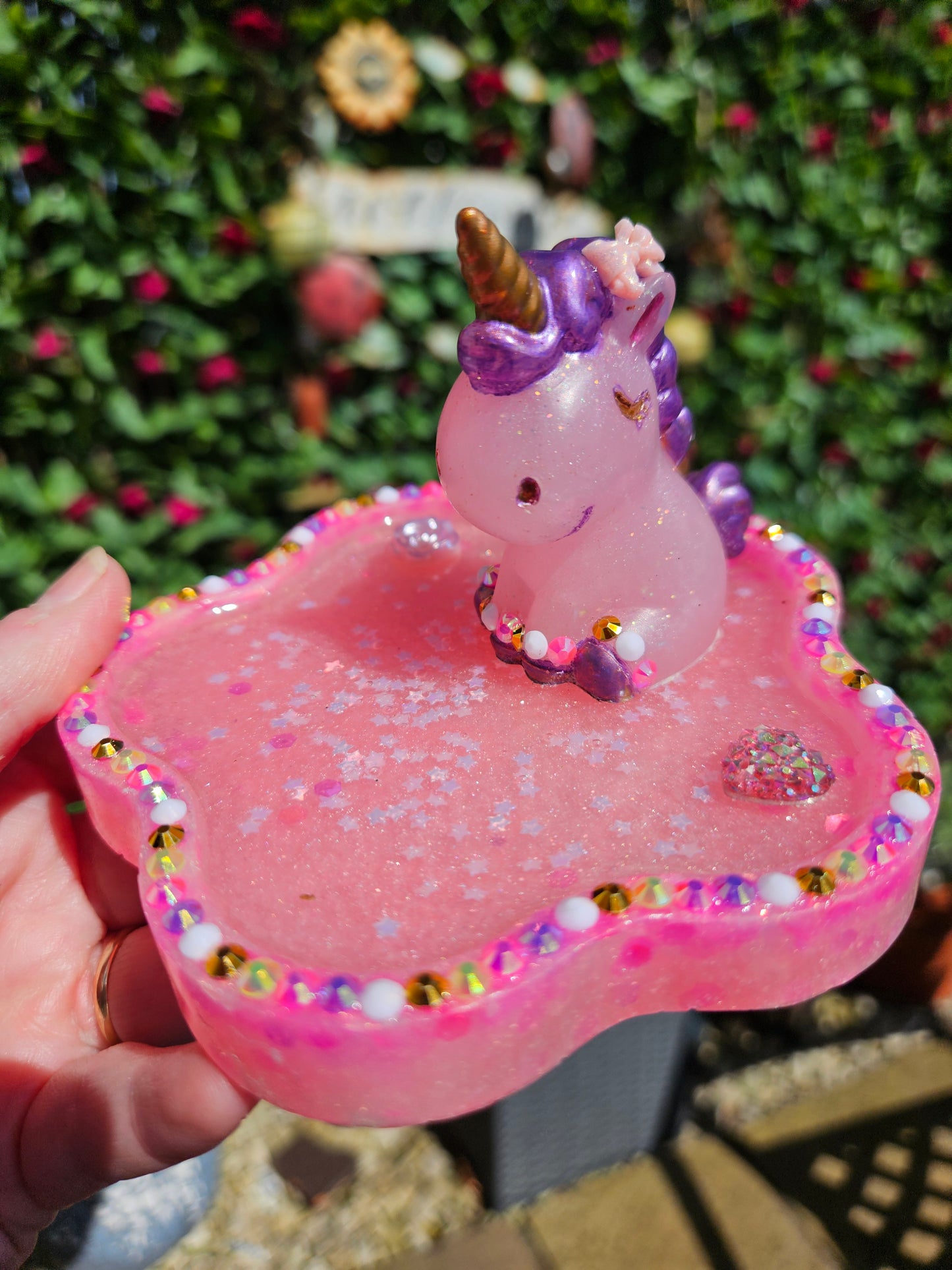 Pink rhinestone unicorn trinket dish/pretty resin jewellery holder/decorative and sparkly girls cute room decor