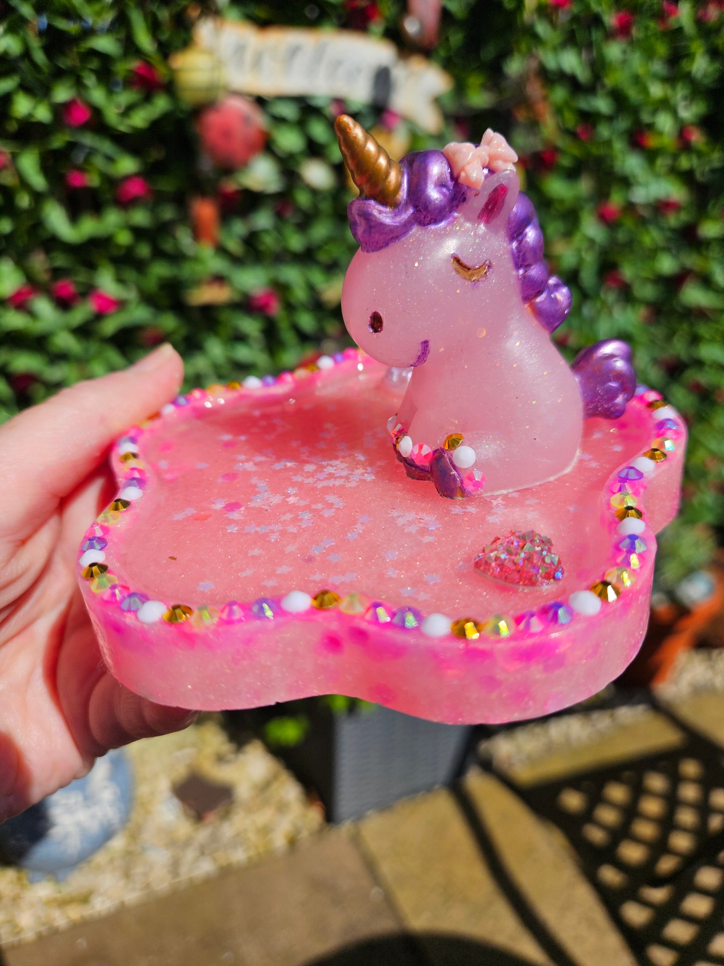 Pink rhinestone unicorn trinket dish/pretty resin jewellery holder/decorative and sparkly girls cute room decor