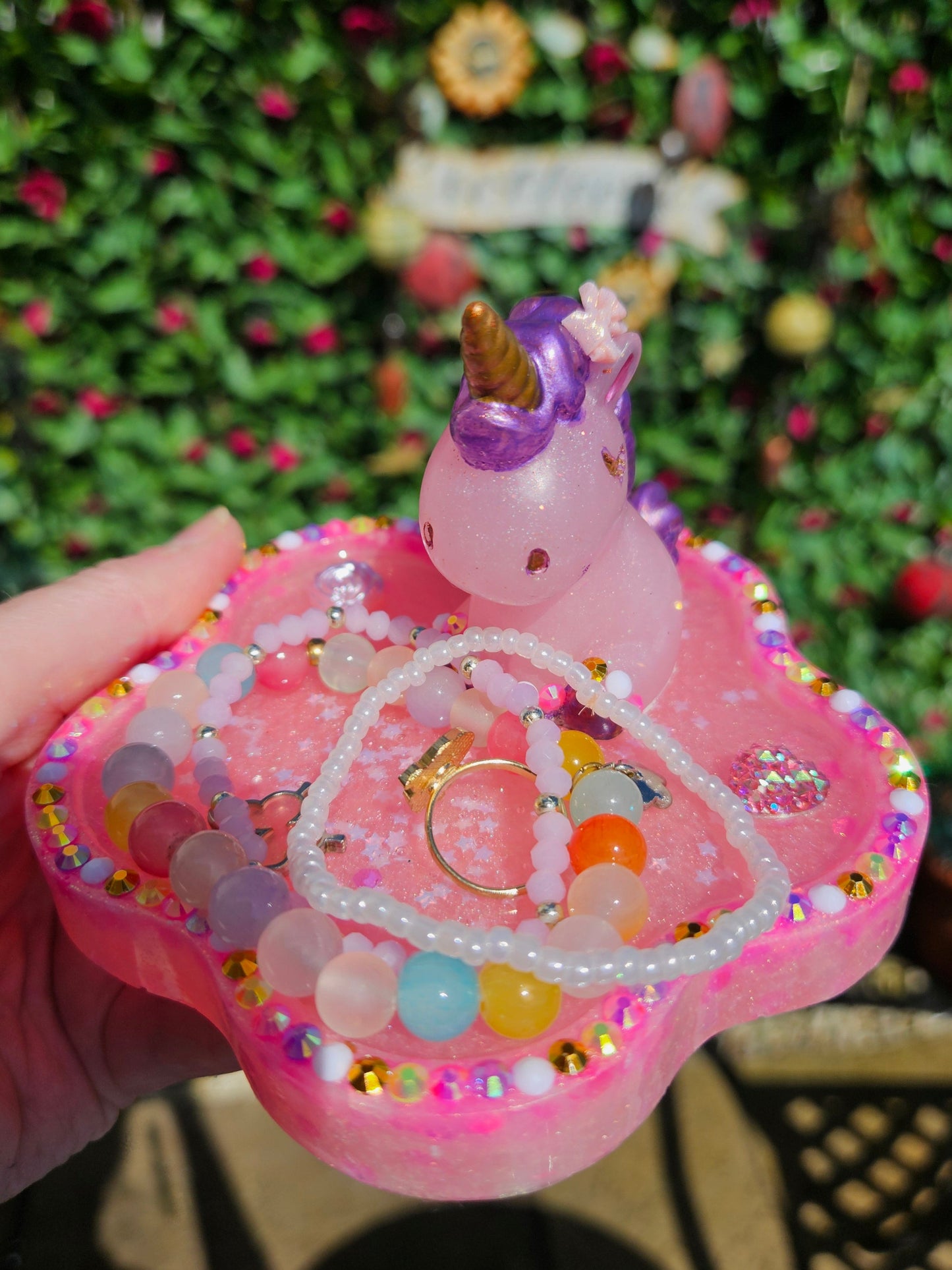 Pink rhinestone unicorn trinket dish/pretty resin jewellery holder/decorative and sparkly girls cute room decor