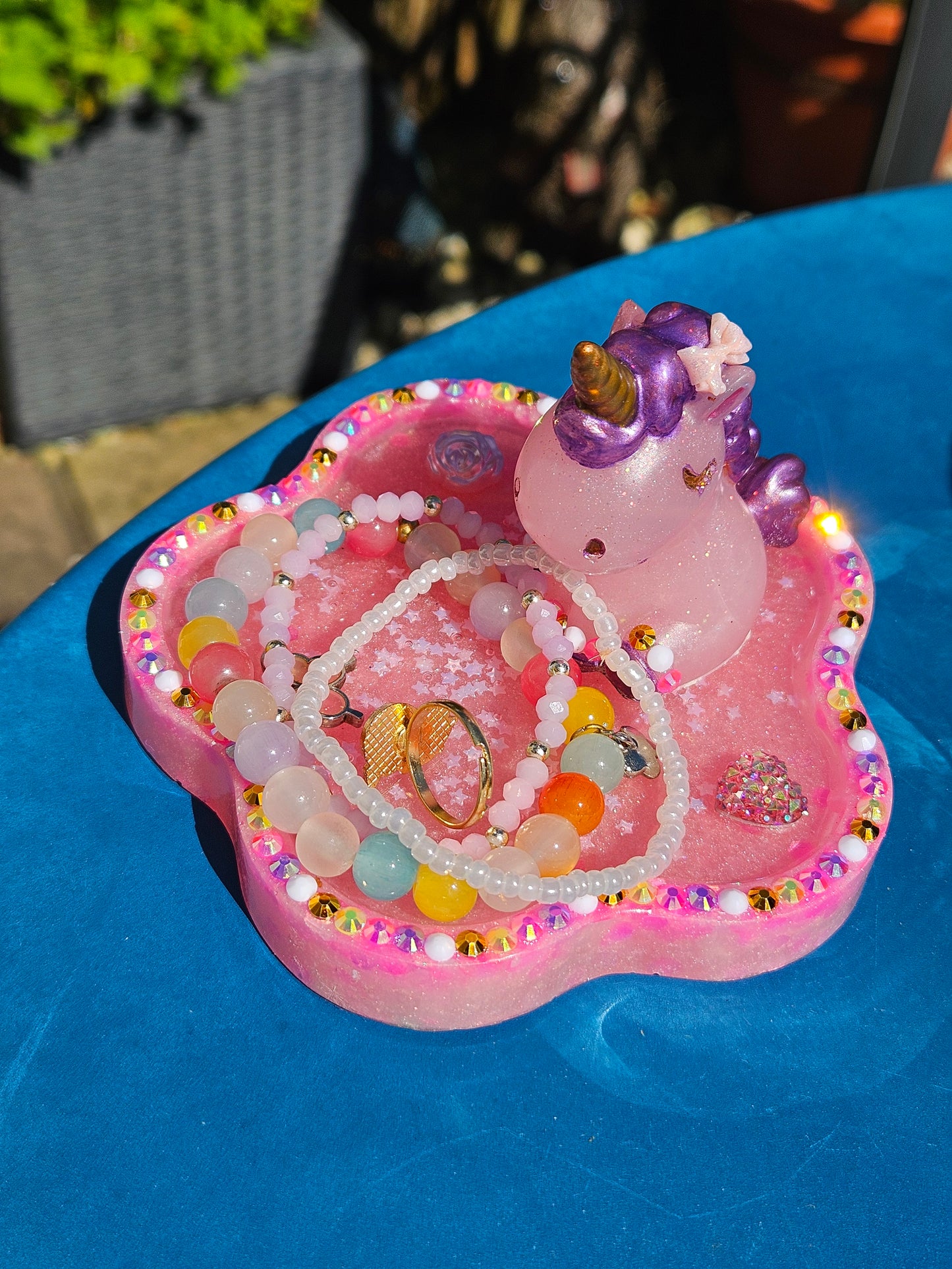 Pink rhinestone unicorn trinket dish/pretty resin jewellery holder/decorative and sparkly girls cute room decor