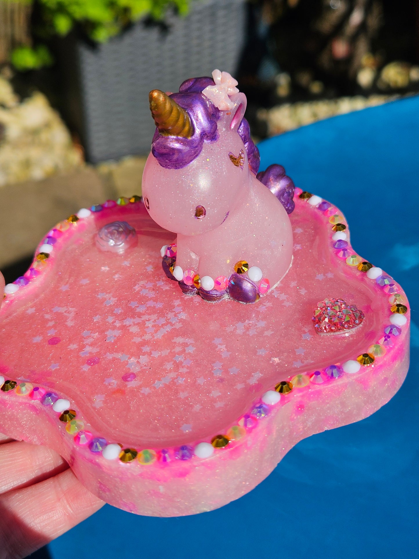 Pink rhinestone unicorn trinket dish/pretty resin jewellery holder/decorative and sparkly girls cute room decor