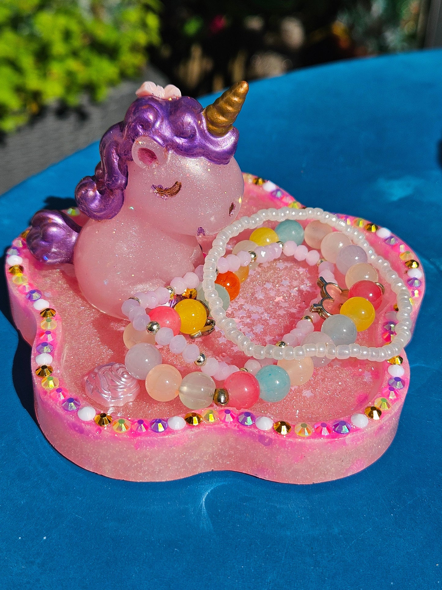 Pink rhinestone unicorn trinket dish/pretty resin jewellery holder/decorative and sparkly girls cute room decor