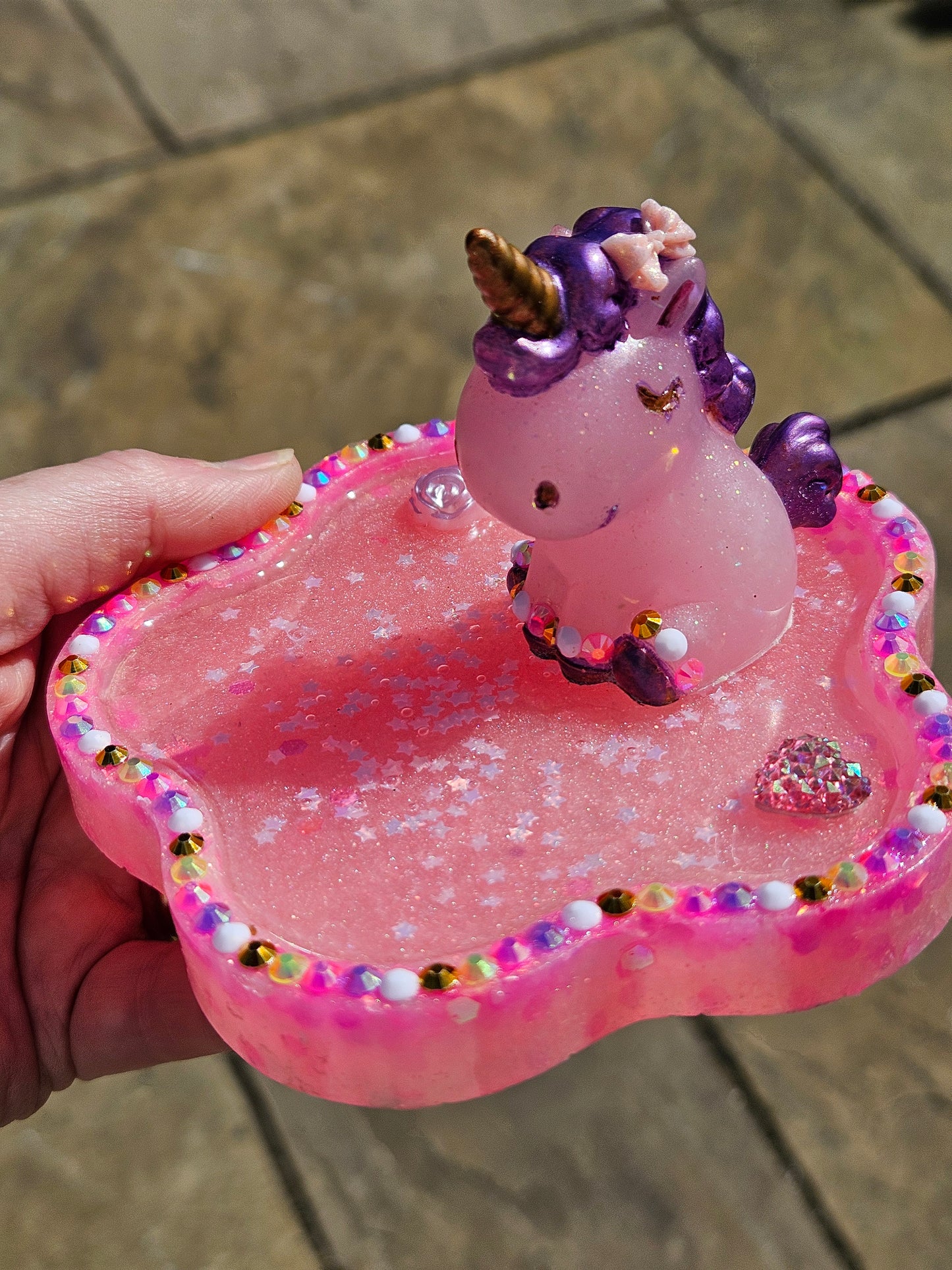 Pink rhinestone unicorn trinket dish/pretty resin jewellery holder/decorative and sparkly girls cute room decor