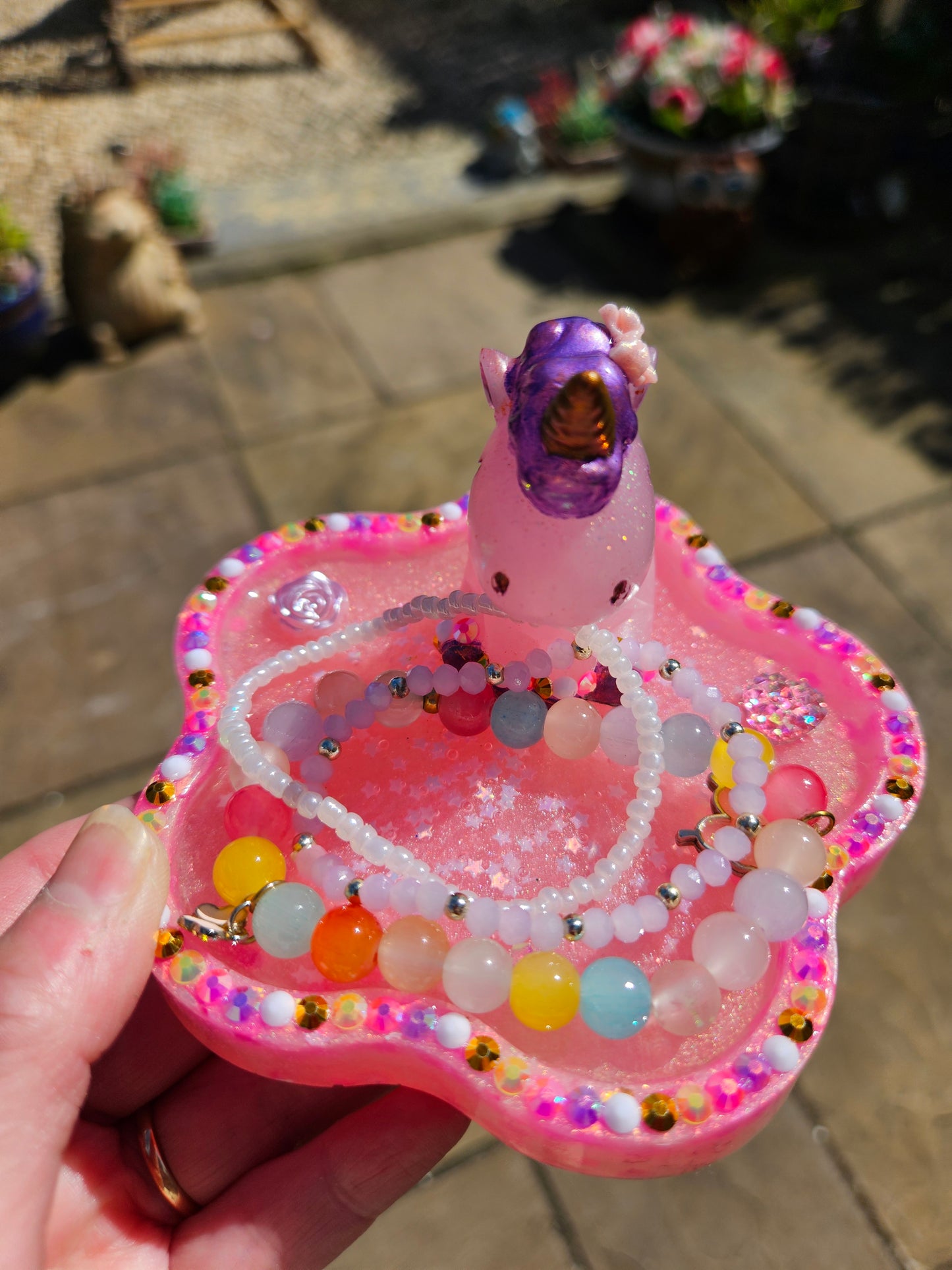 Pink rhinestone unicorn trinket dish/pretty resin jewellery holder/decorative and sparkly girls cute room decor