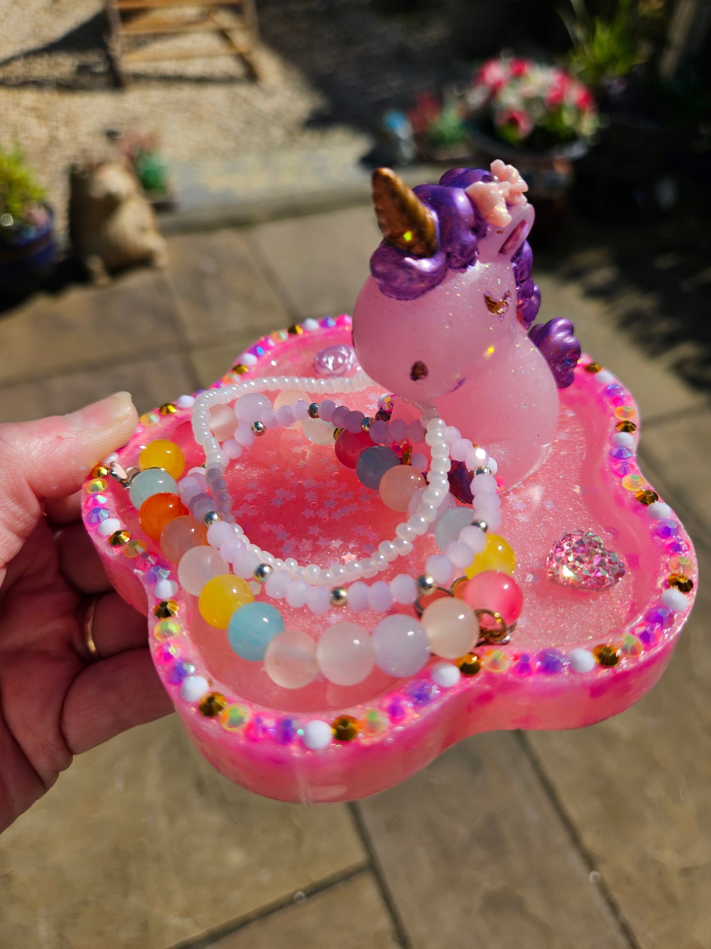 Pink rhinestone unicorn trinket dish/pretty resin jewellery holder/decorative and sparkly girls cute room decor