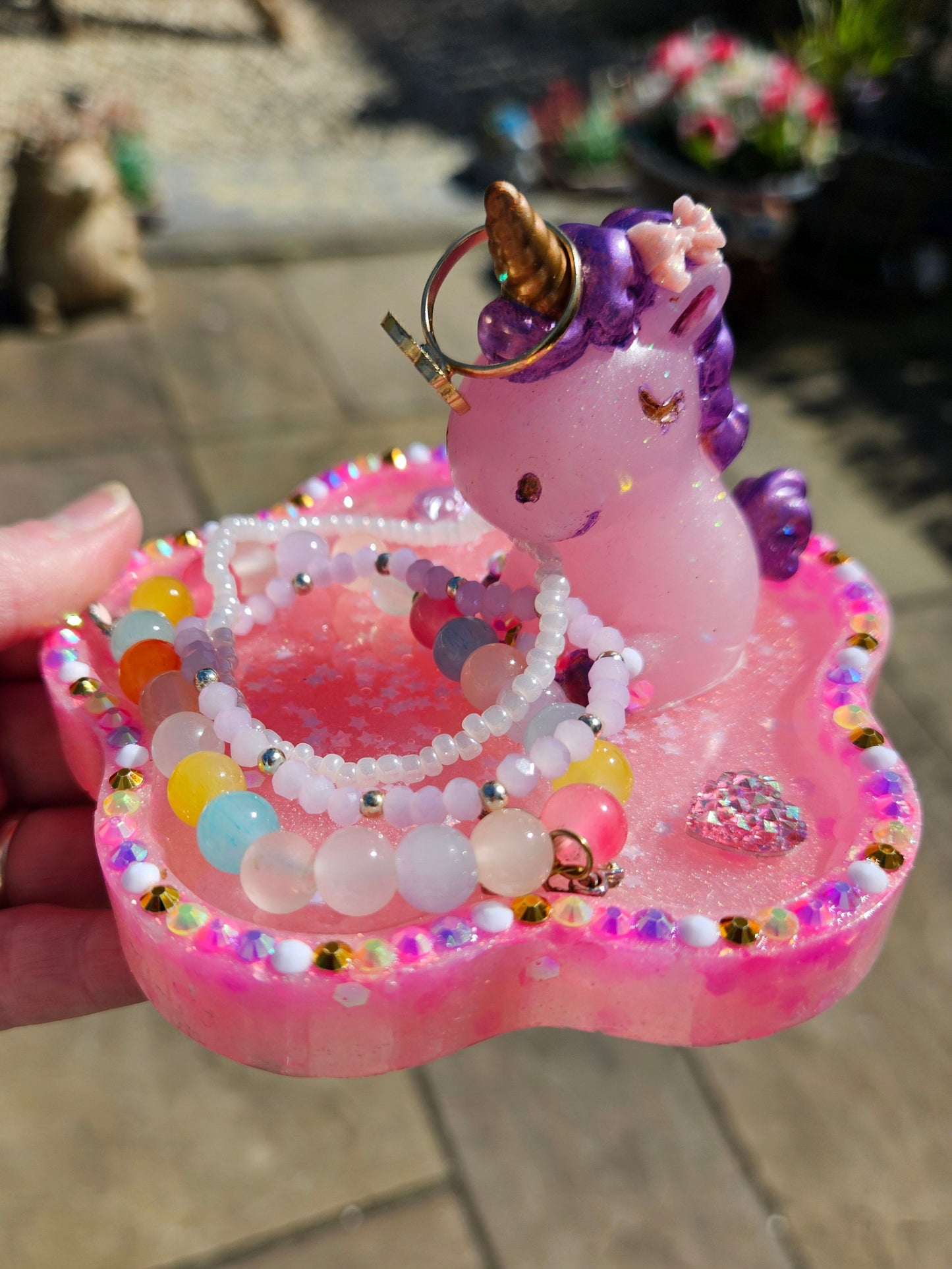 Pink rhinestone unicorn trinket dish/pretty resin jewellery holder/decorative and sparkly girls cute room decor
