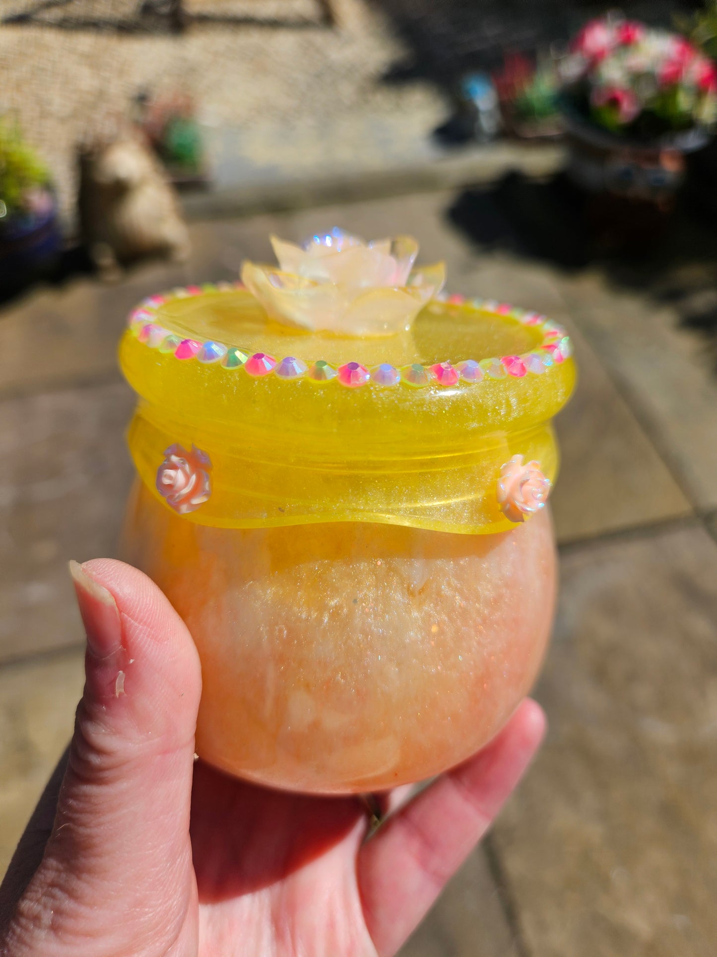 Pretty flower trinket pot/whimsical honey pot style jewellery holder/sparkly rhinestone storage dish/girl's bedroom home decor/ unique birthday gift daughter sister
